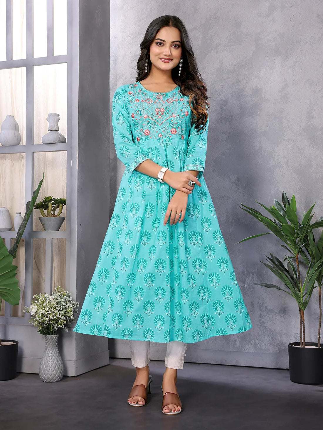 Buy Cotton Embroidered Calf Length Anarkali Kurta-Sea Green