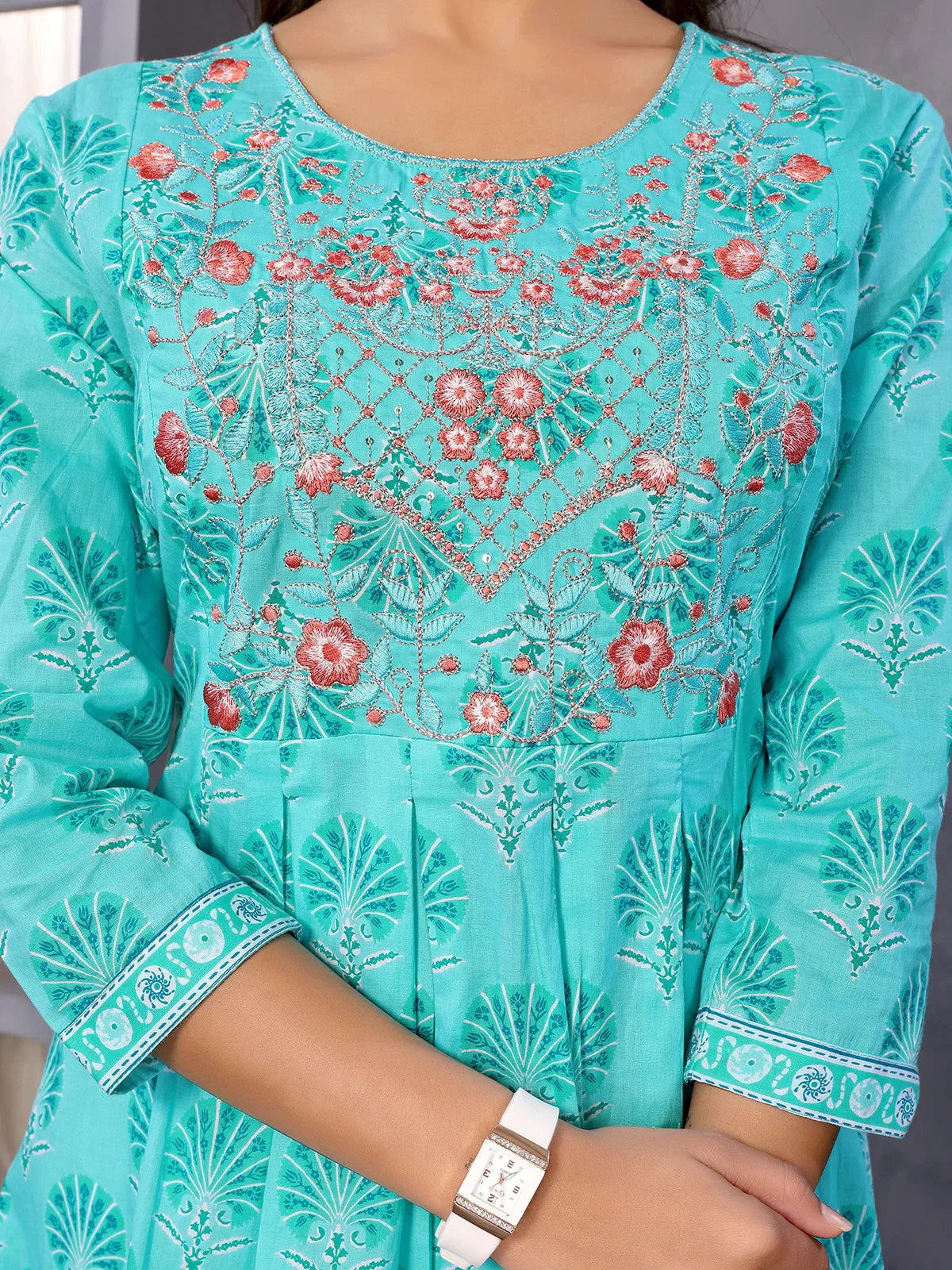 Buy Cotton Embroidered Calf Length Anarkali Kurta-Sea Green