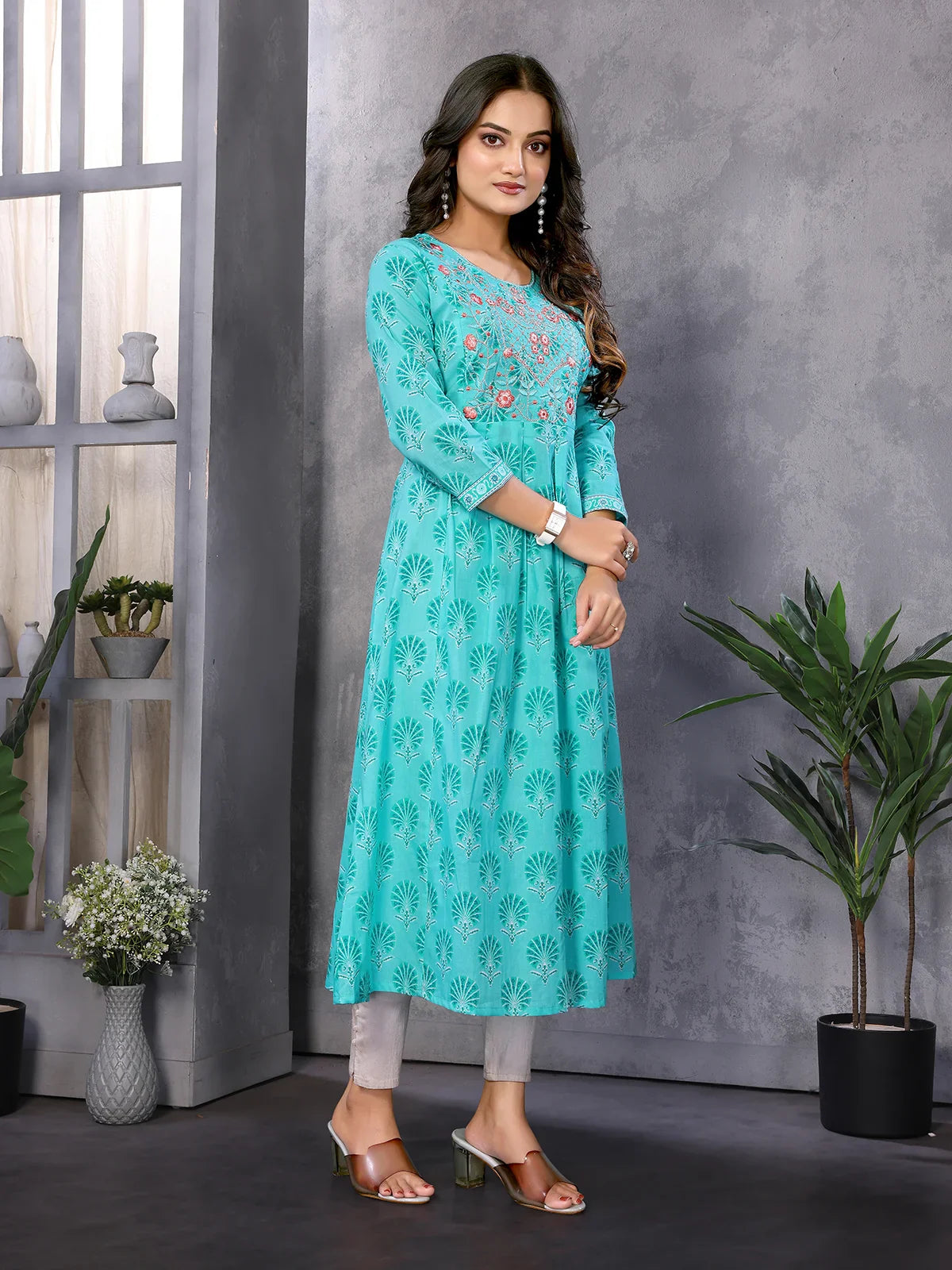 Buy Cotton Embroidered Calf Length Anarkali Kurta-Sea Green