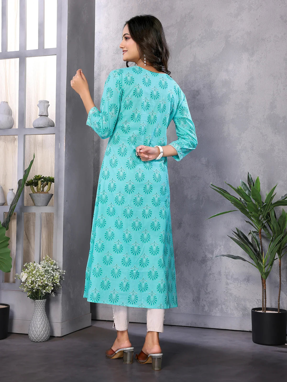 Buy Cotton Embroidered Calf Length Anarkali Kurta-Sea Green