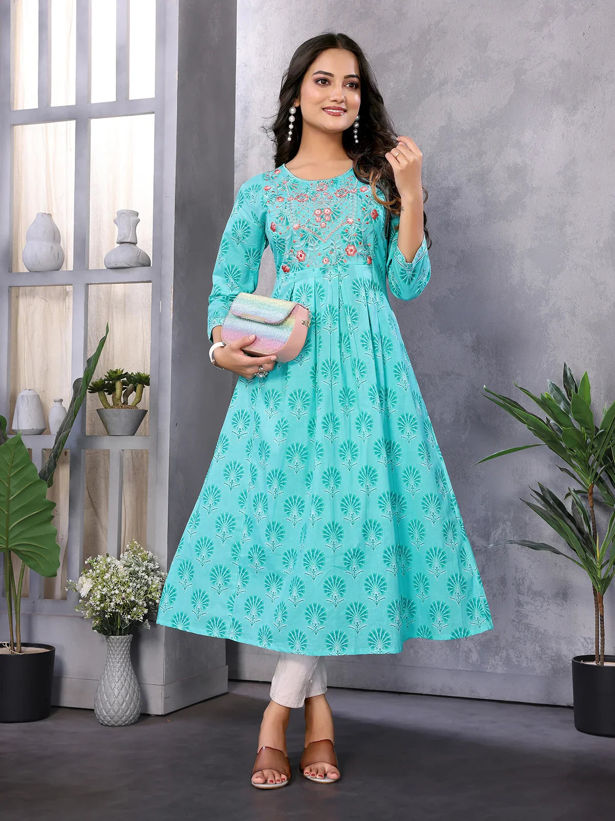 Buy Cotton Embroidered Calf Length Anarkali Kurta-Sea Green