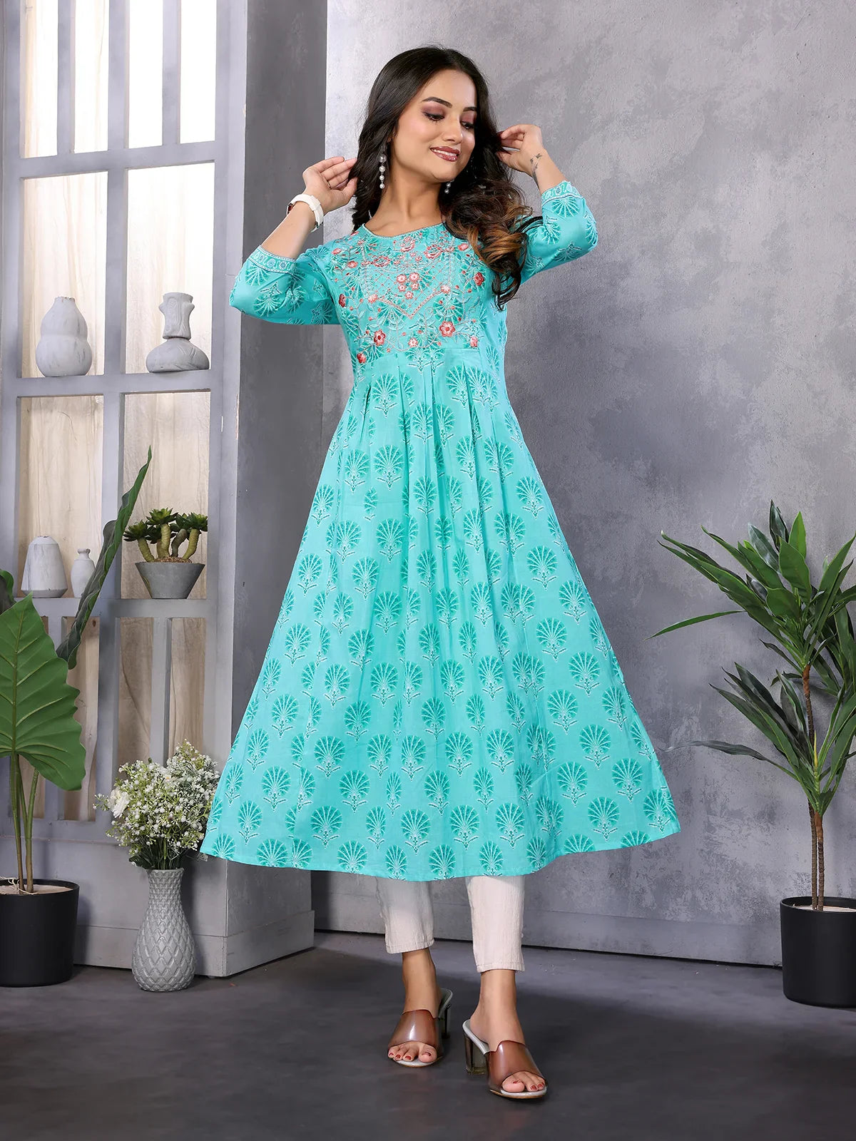 Buy Cotton Embroidered Calf Length Anarkali Kurta-Sea Green