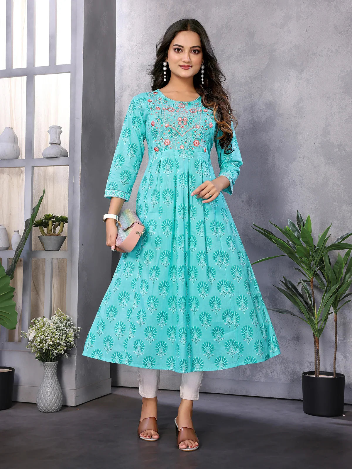 Buy Cotton Embroidered Calf Length Anarkali Kurta-Sea Green