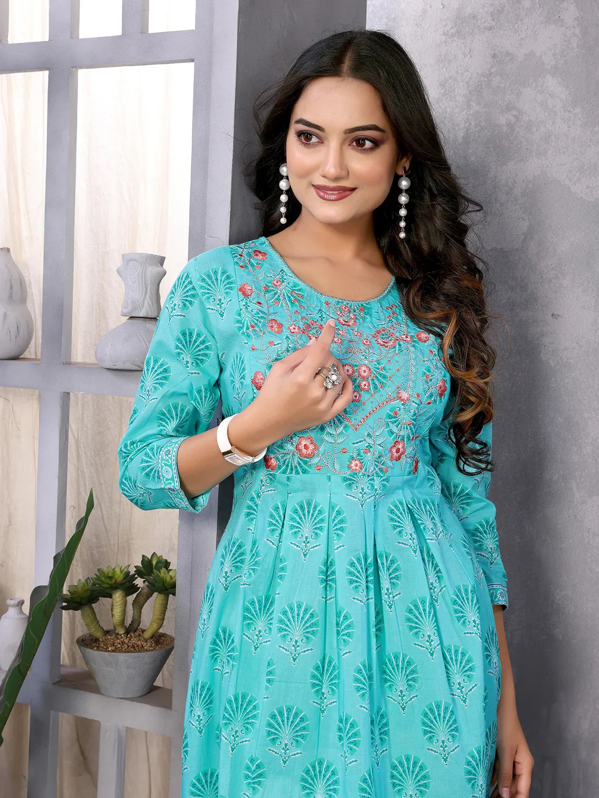 Buy Cotton Embroidered Calf Length Anarkali Kurta-Sea Green