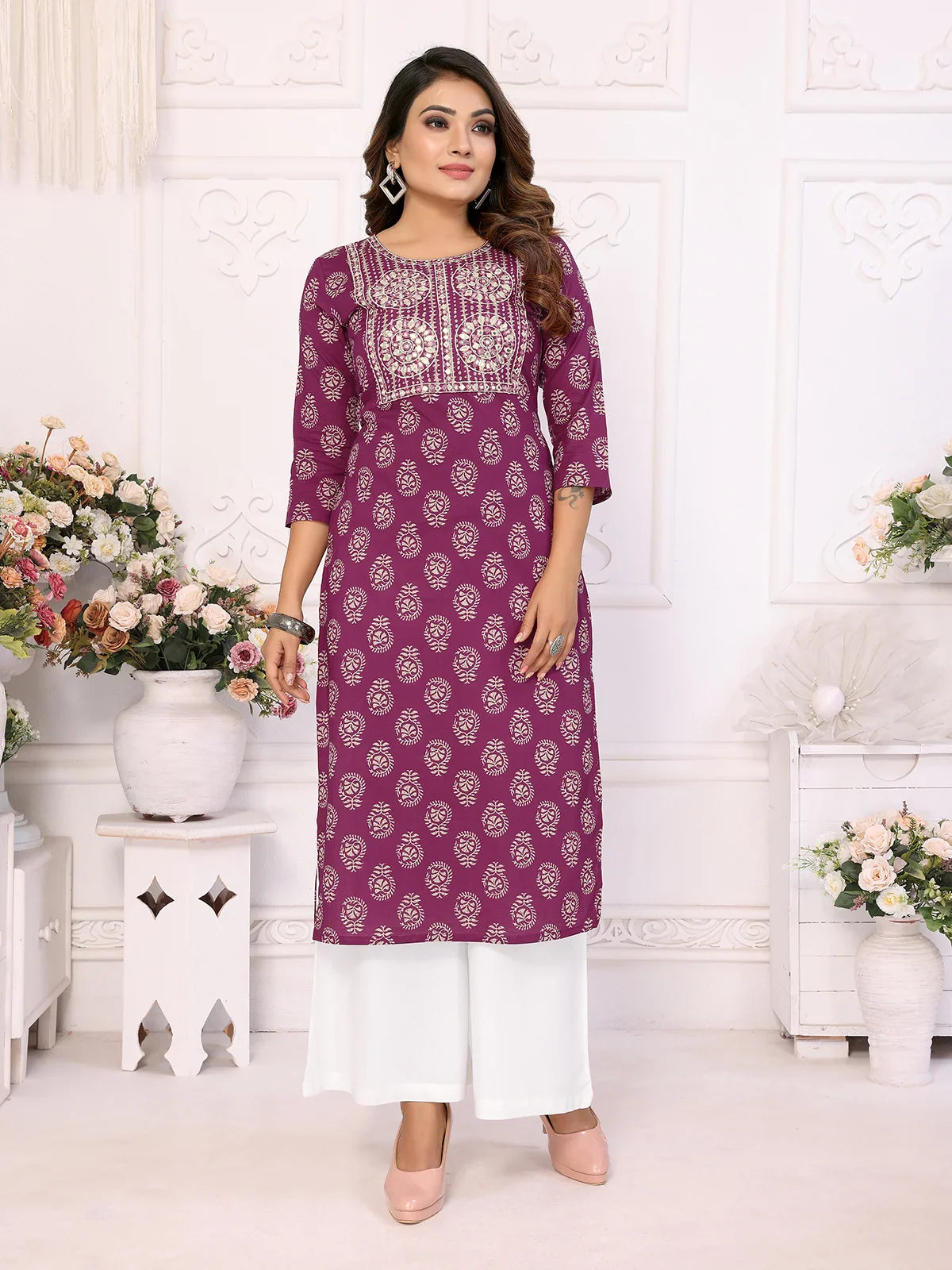 Buy Cotton Embroidered Calf Length Straight Kurta-Wine