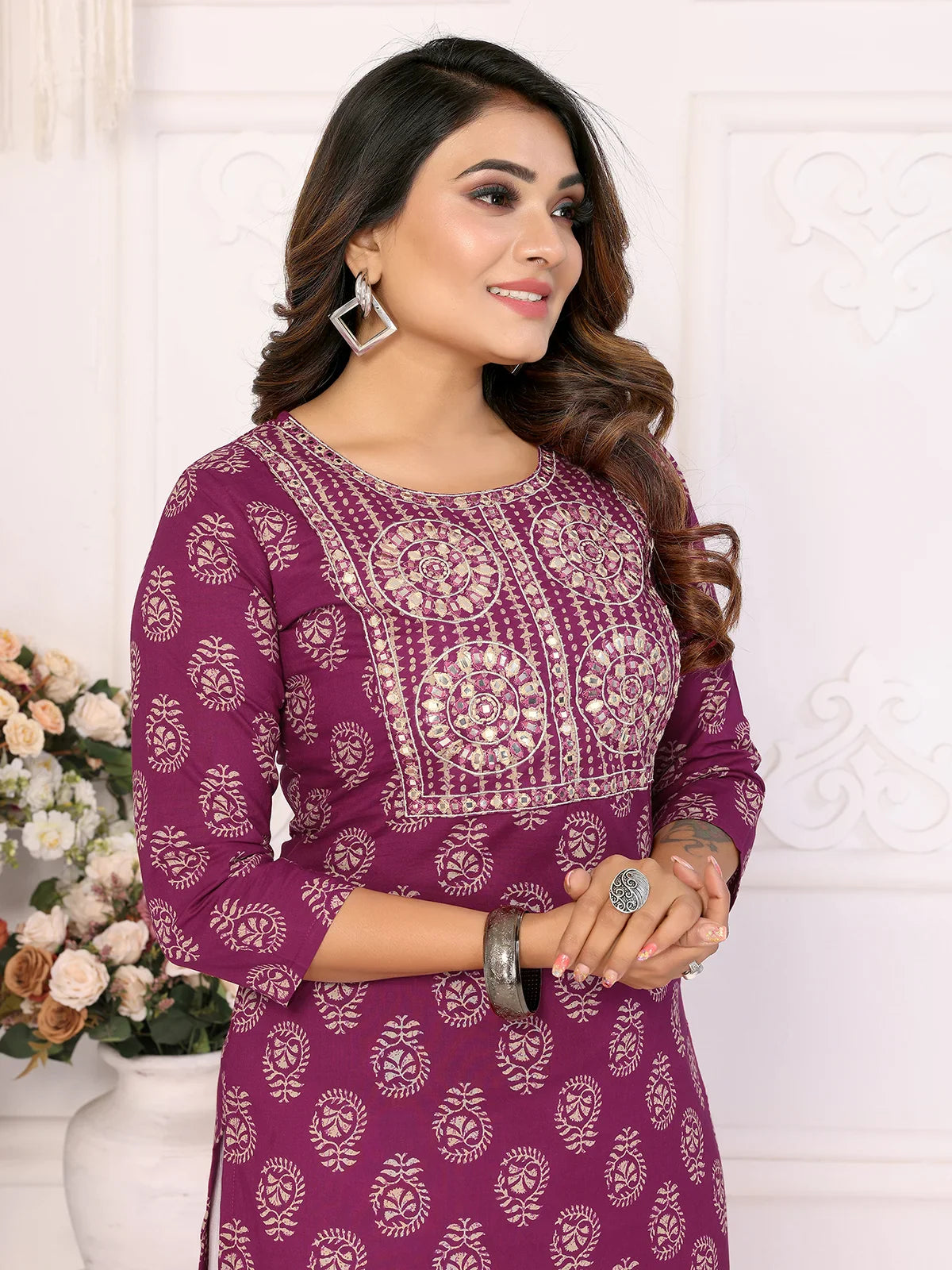 Buy Cotton Embroidered Calf Length Straight Kurta-Wine