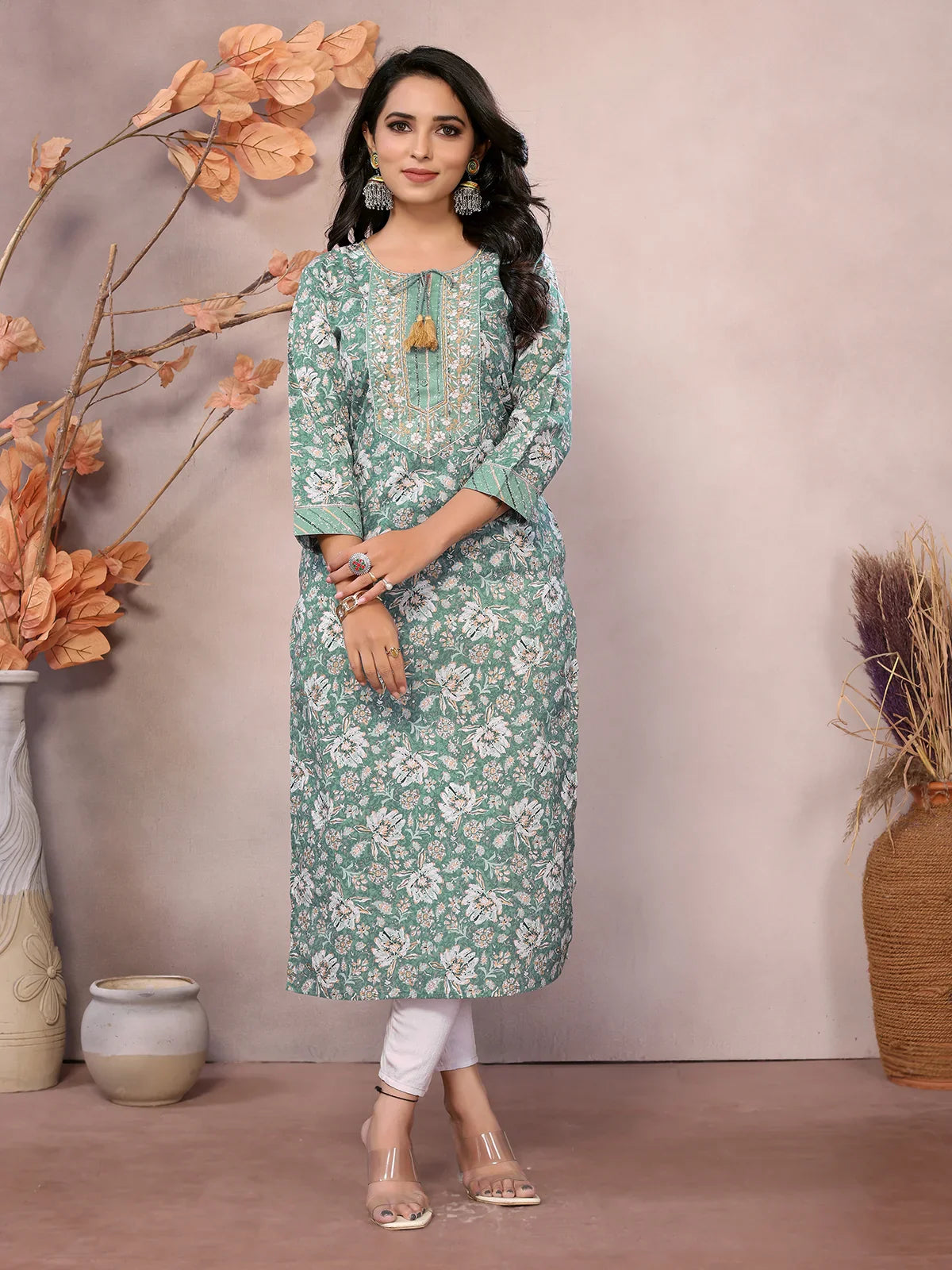 Buy Cotton Embroidered Calf Length Straight Kurta-Green