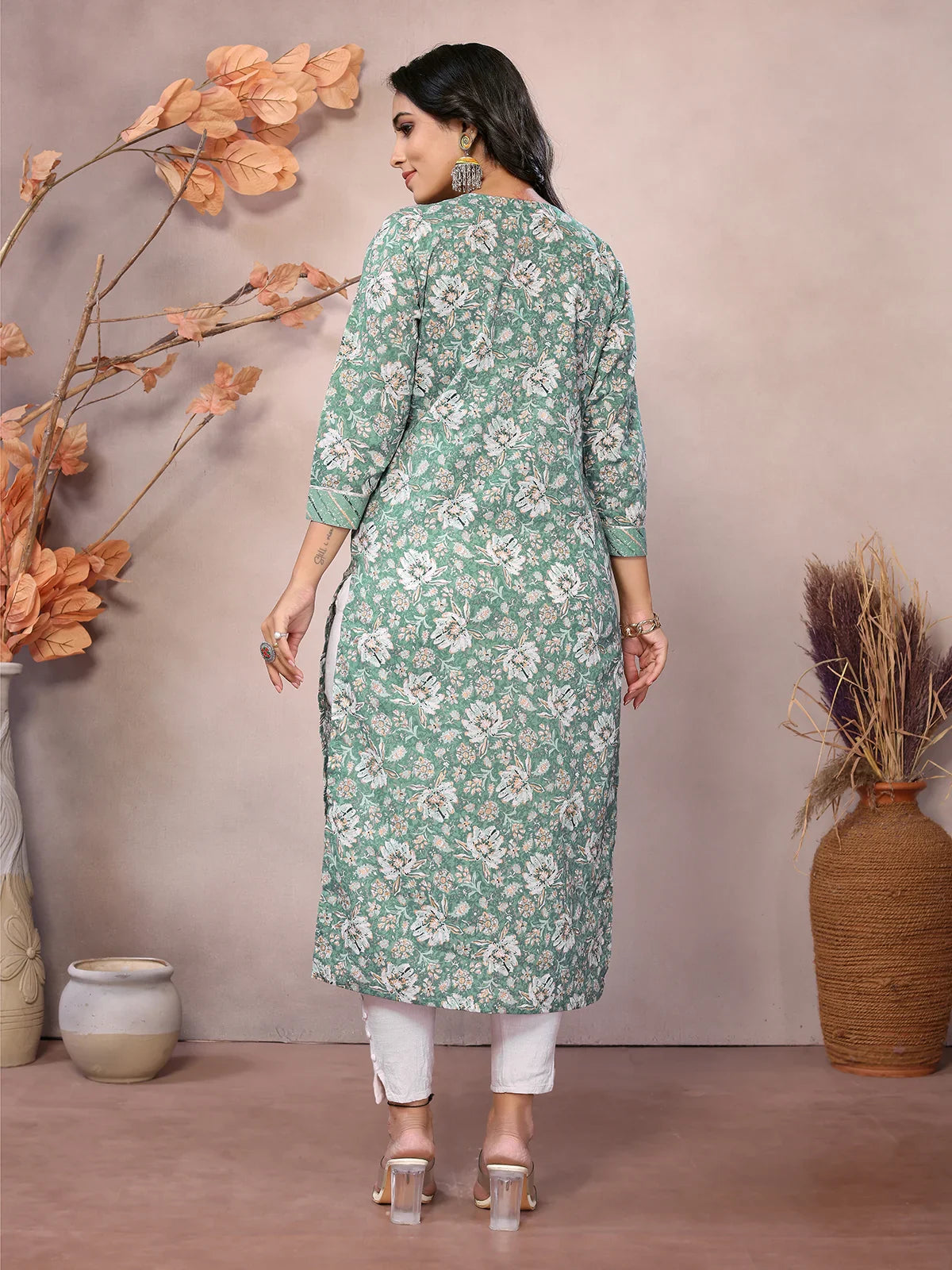 Buy Cotton Embroidered Calf Length Straight Kurta-Green