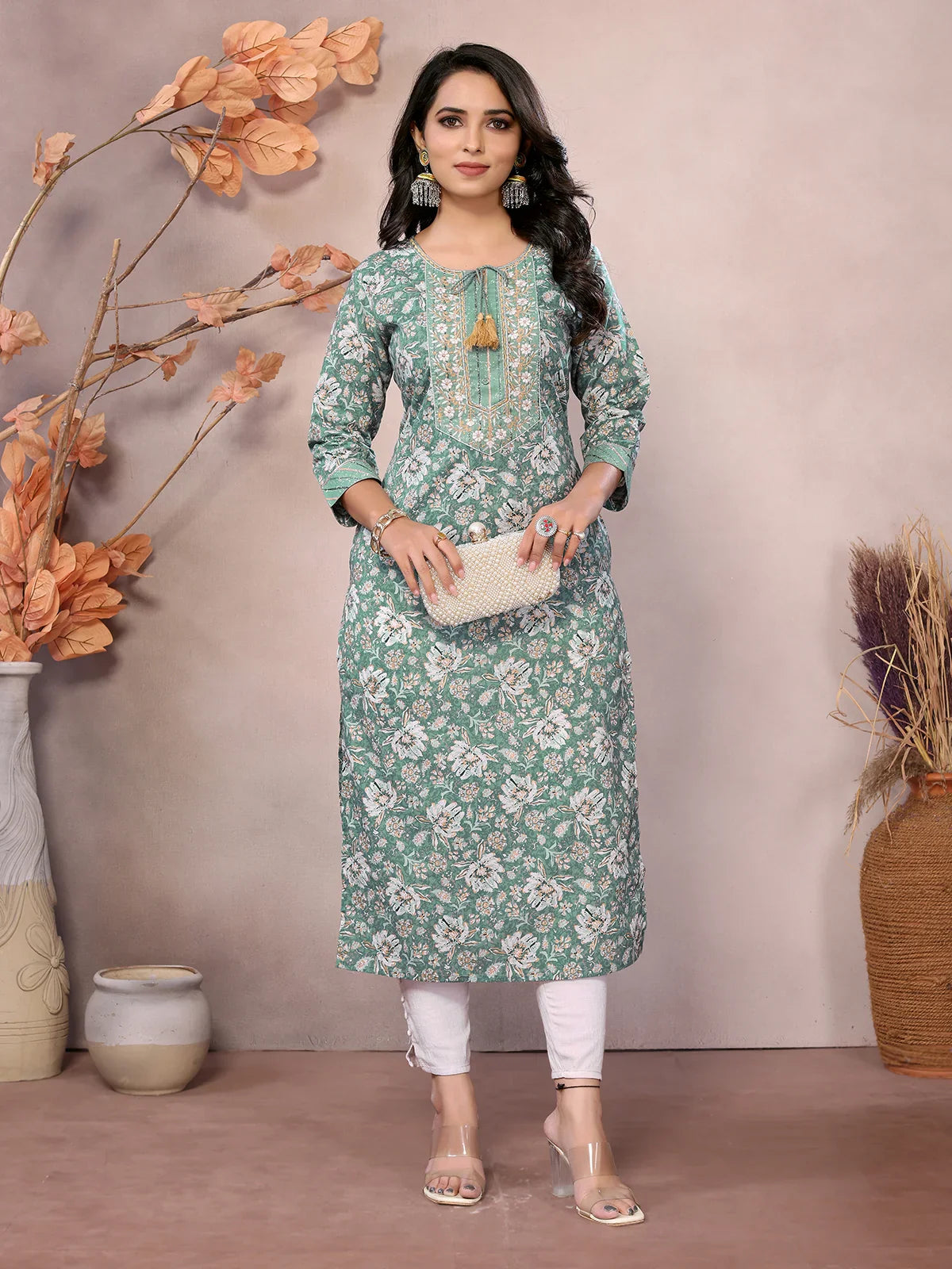 Buy Cotton Embroidered Calf Length Straight Kurta-Green