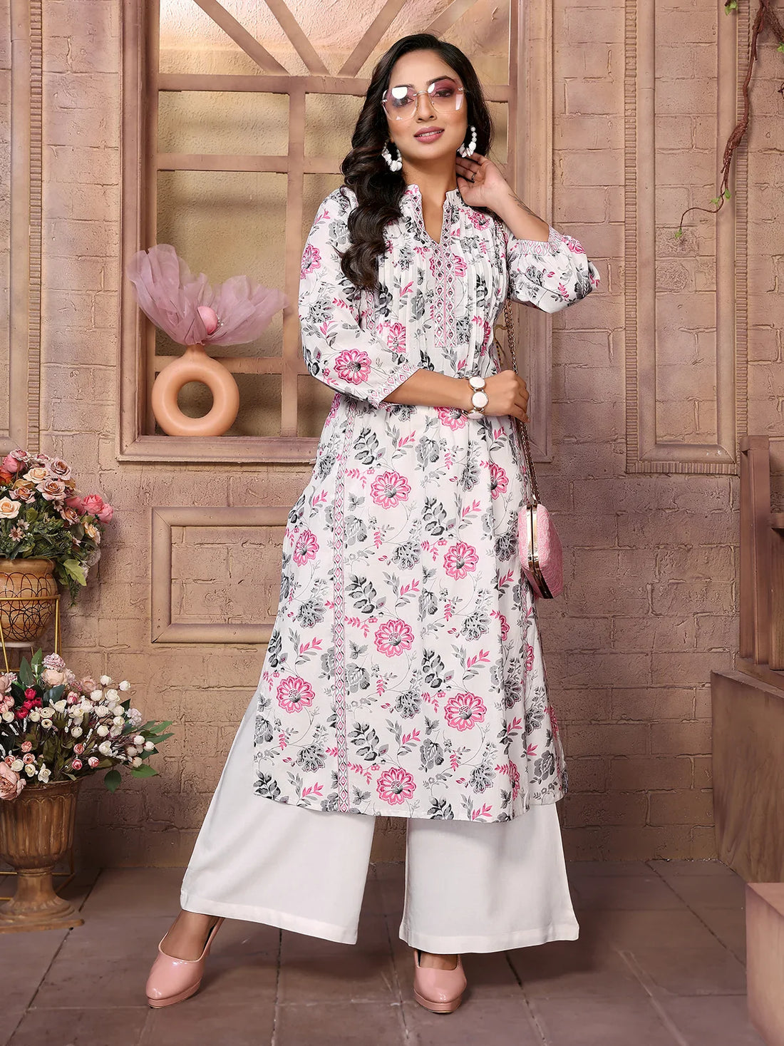 Buy Cotton Embroidered Calf Length A-Line Kurta-Pink