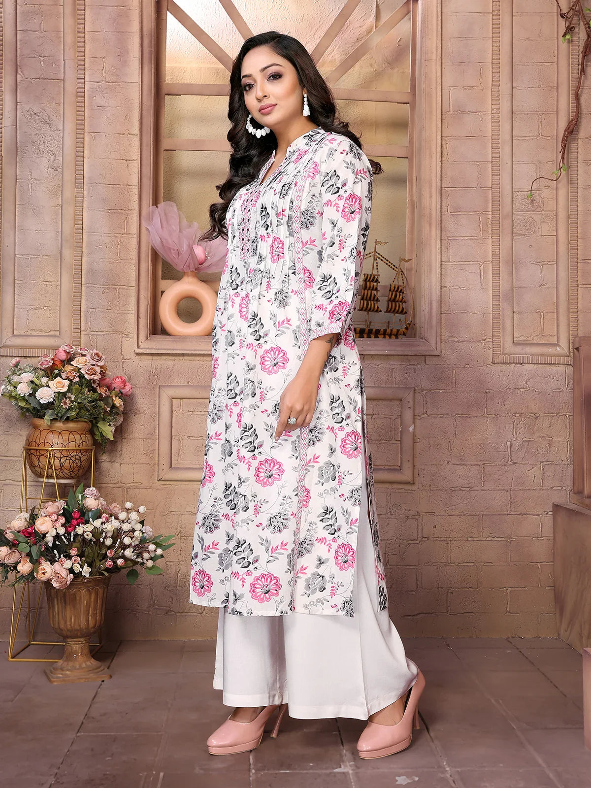 Buy Cotton Embroidered Calf Length A-Line Kurta-Pink