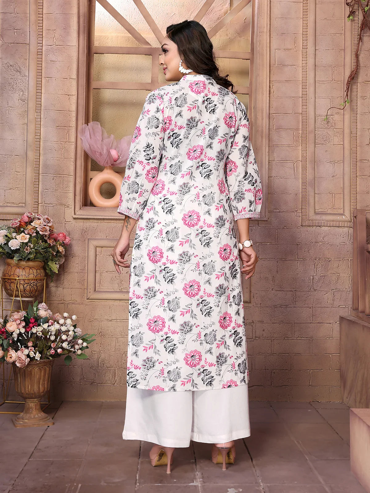 Buy Cotton Embroidered Calf Length A-Line Kurta-Pink