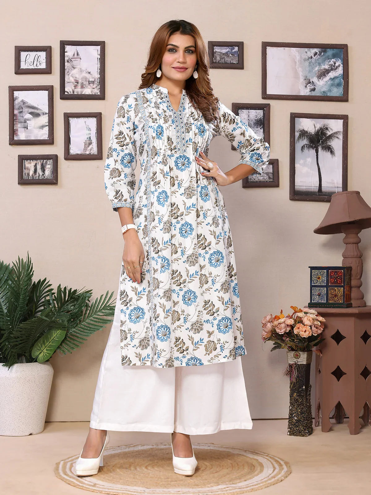 Buy Cotton Embroidered Calf Length A-Line Kurta-Blue