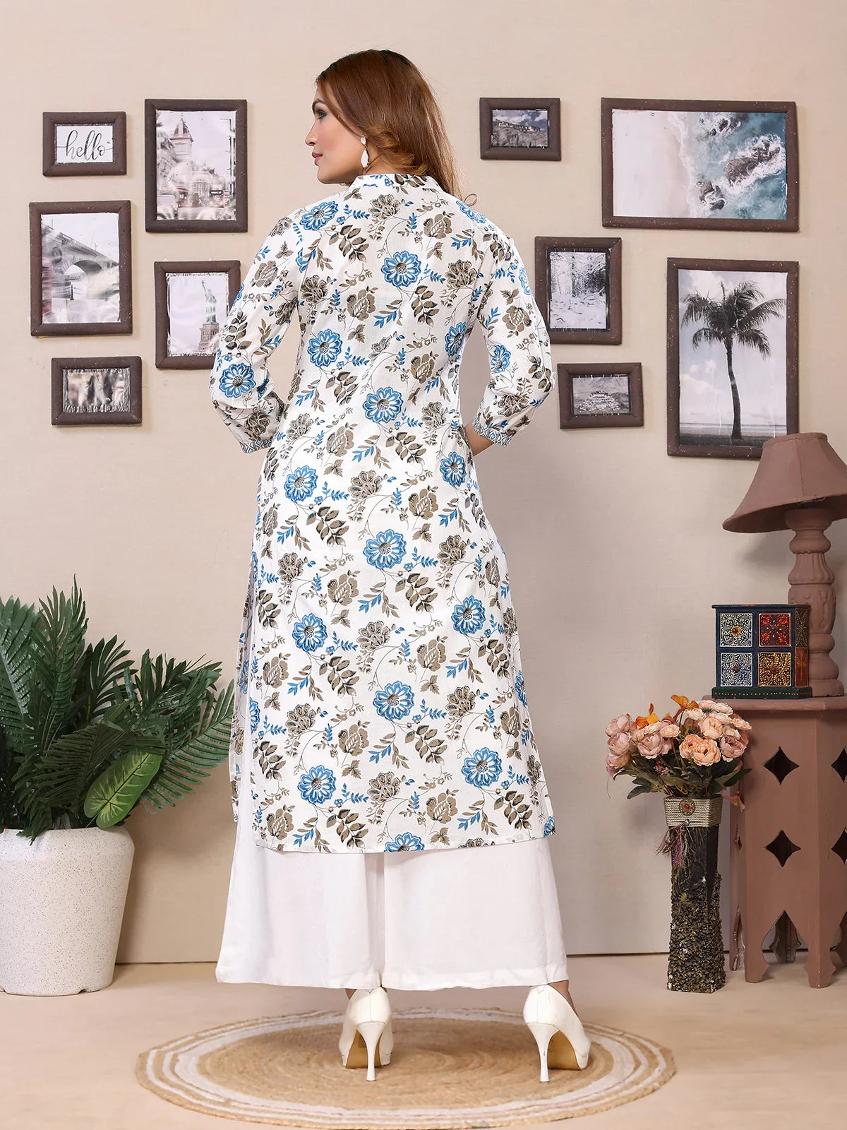 Buy Cotton Embroidered Calf Length A-Line Kurta-Blue