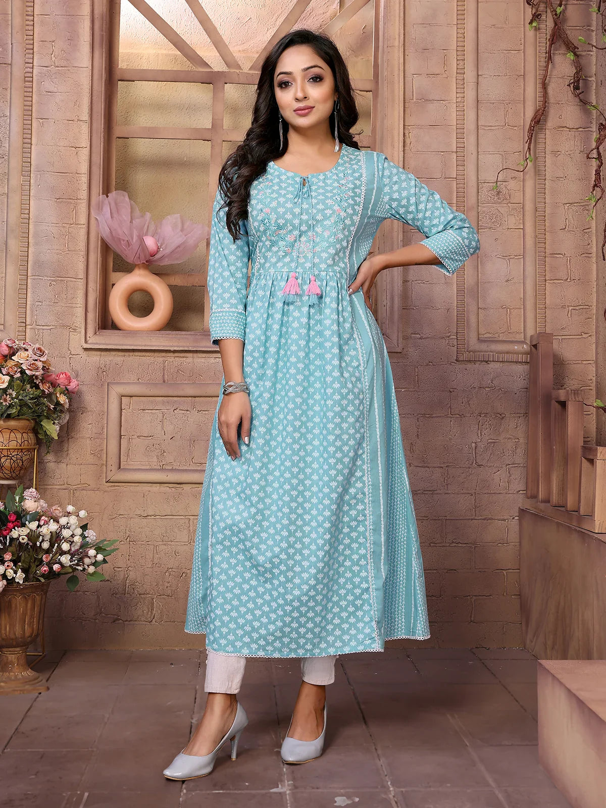 Buy Cotton Embroidered Calf Length Anarkali Kurta-Blue