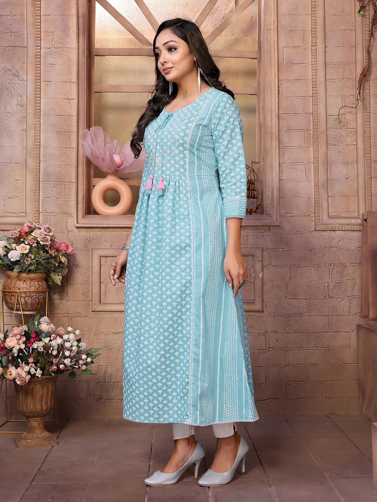 Buy Cotton Embroidered Calf Length Anarkali Kurta-Blue