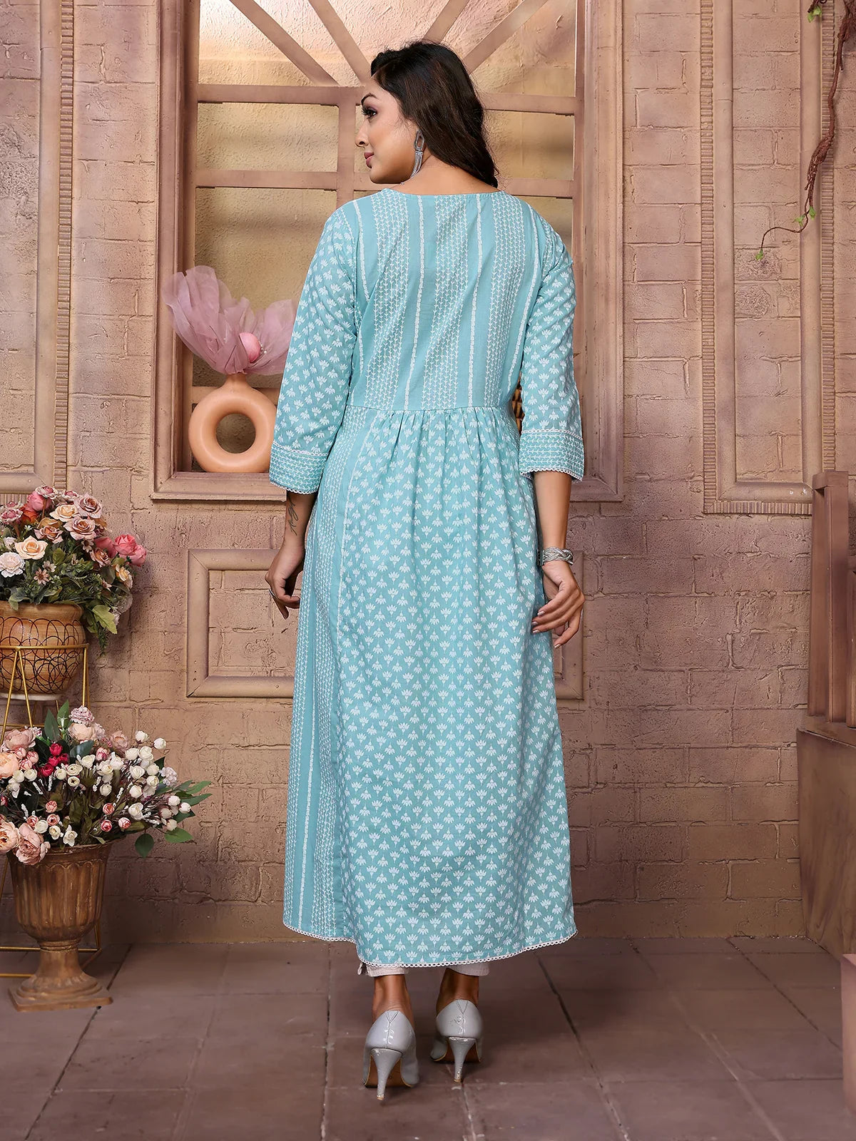 Buy Cotton Embroidered Calf Length Anarkali Kurta-Blue