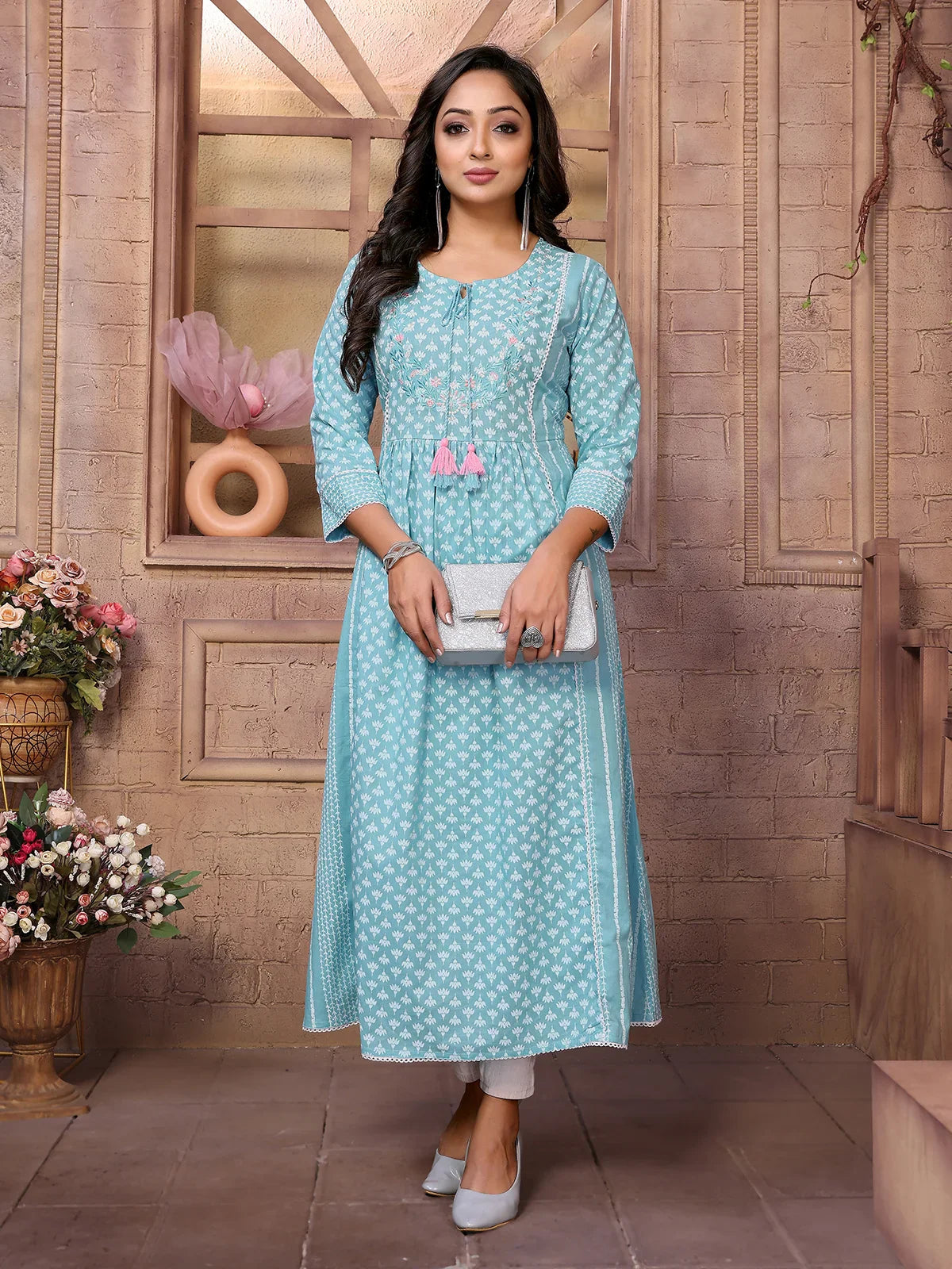 Buy Cotton Embroidered Calf Length Anarkali Kurta-Blue