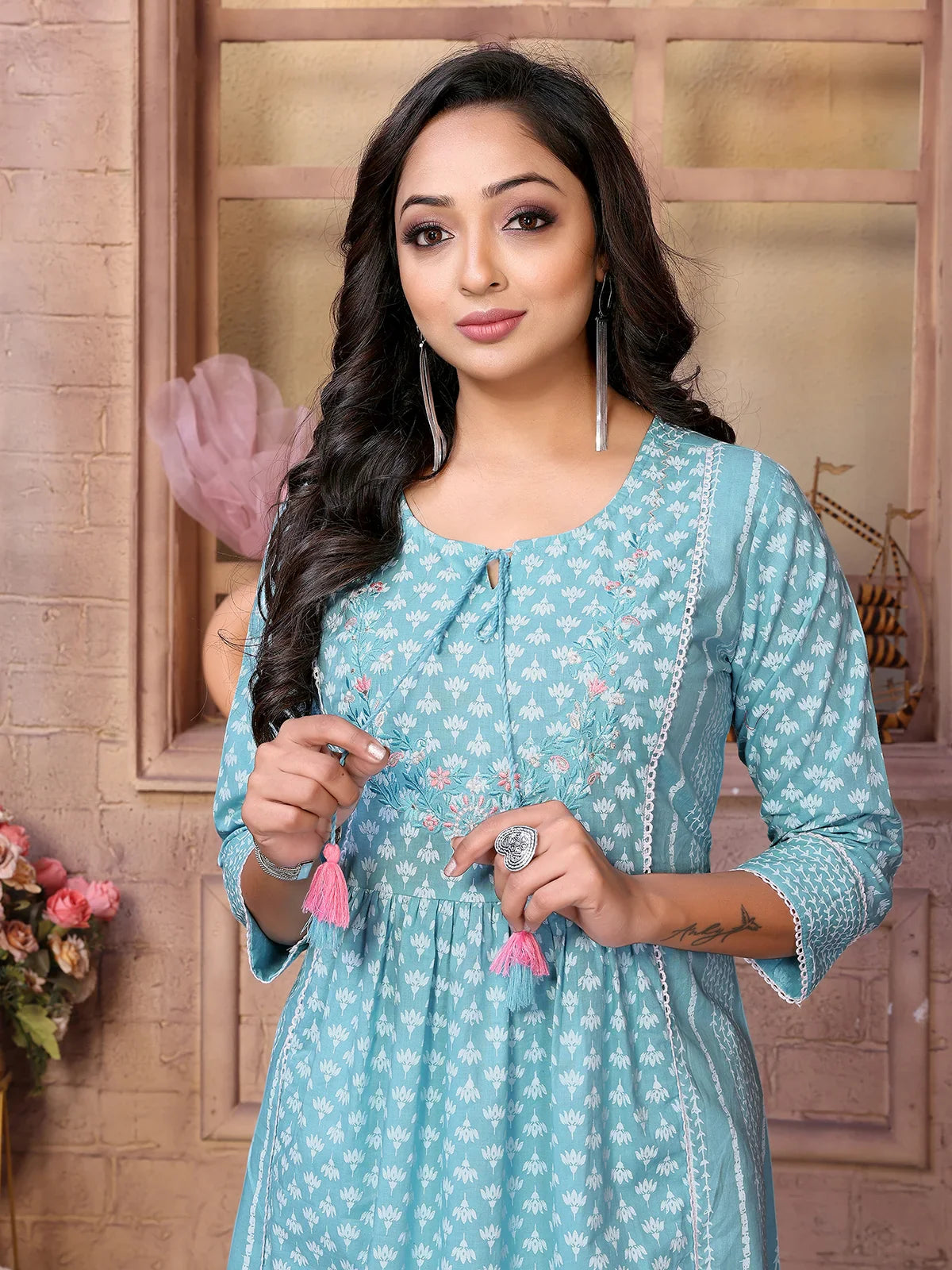 Buy Cotton Embroidered Calf Length Anarkali Kurta-Blue