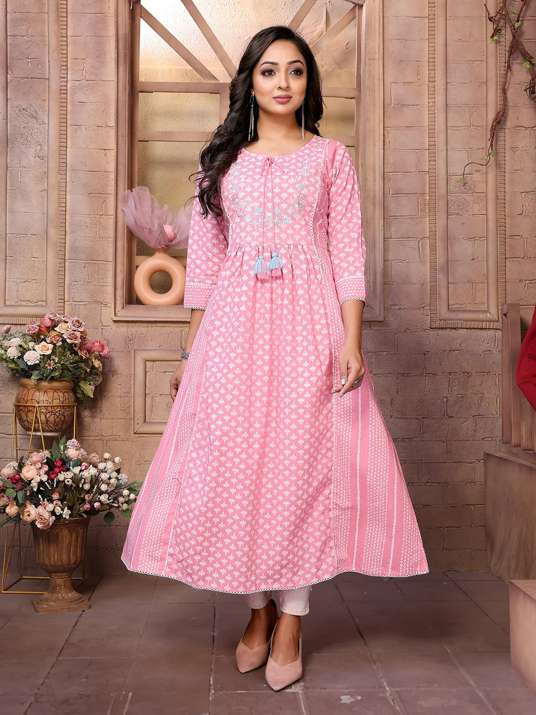 Buy Cotton Embroidered Calf Length Anarkali Kurta-Pink