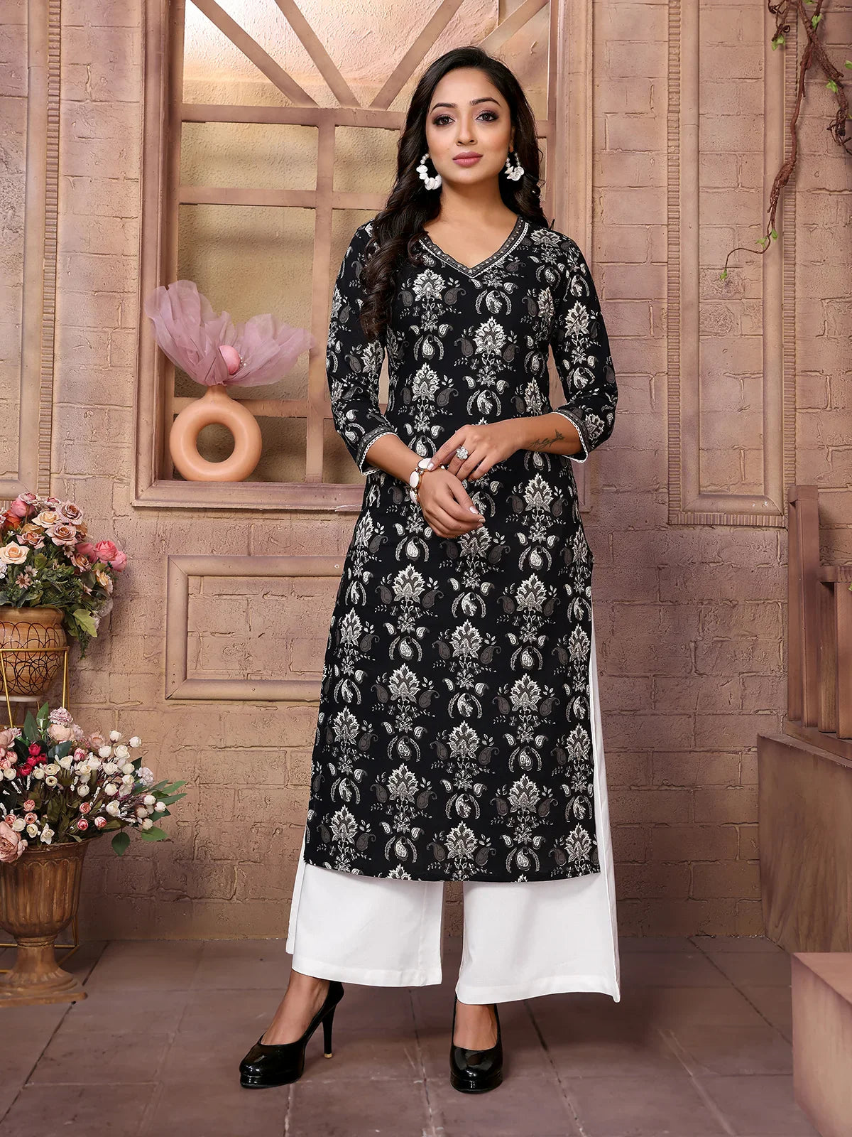 Buy Cotton Embroidered Calf Length Straight Kurta-Black