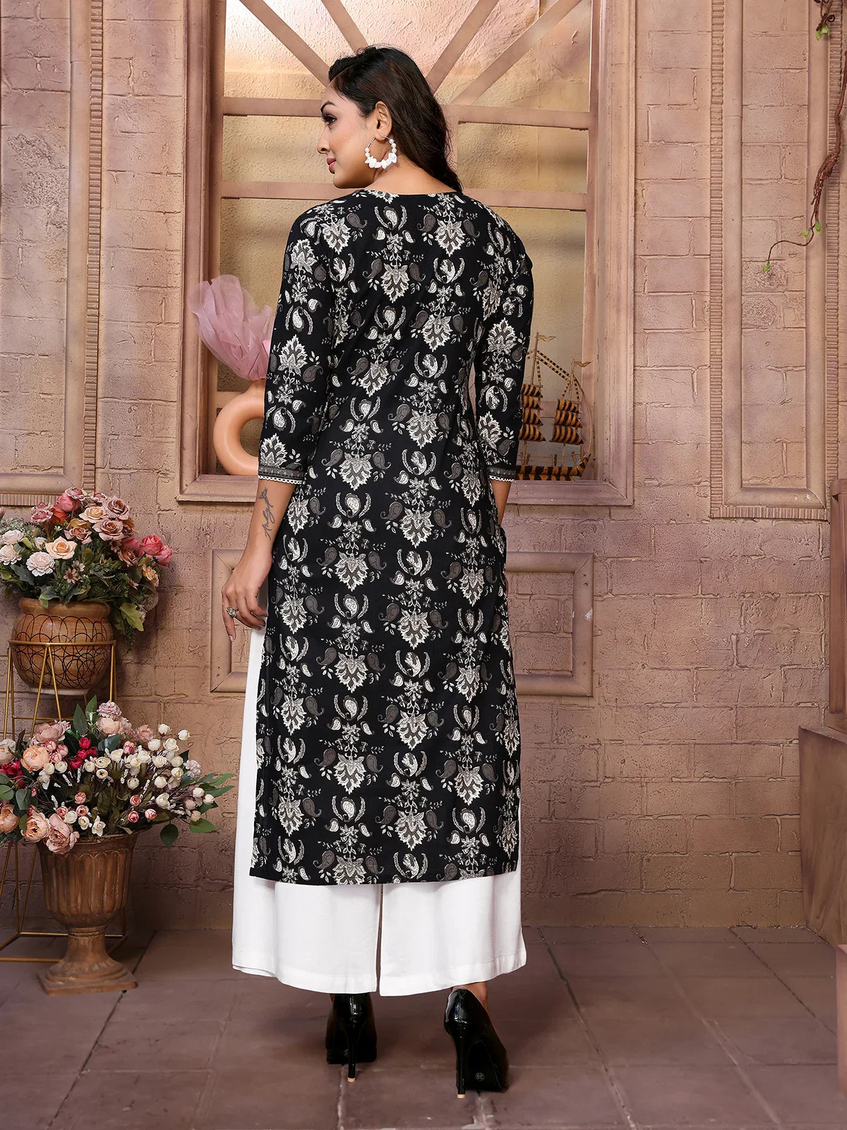 Buy Cotton Embroidered Calf Length Straight Kurta-Black