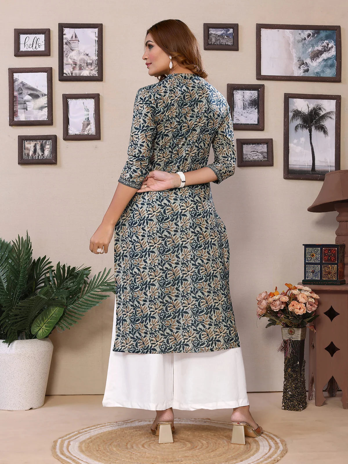 Buy Cotton Embroidered Calf Length Straight Kurta-Teal