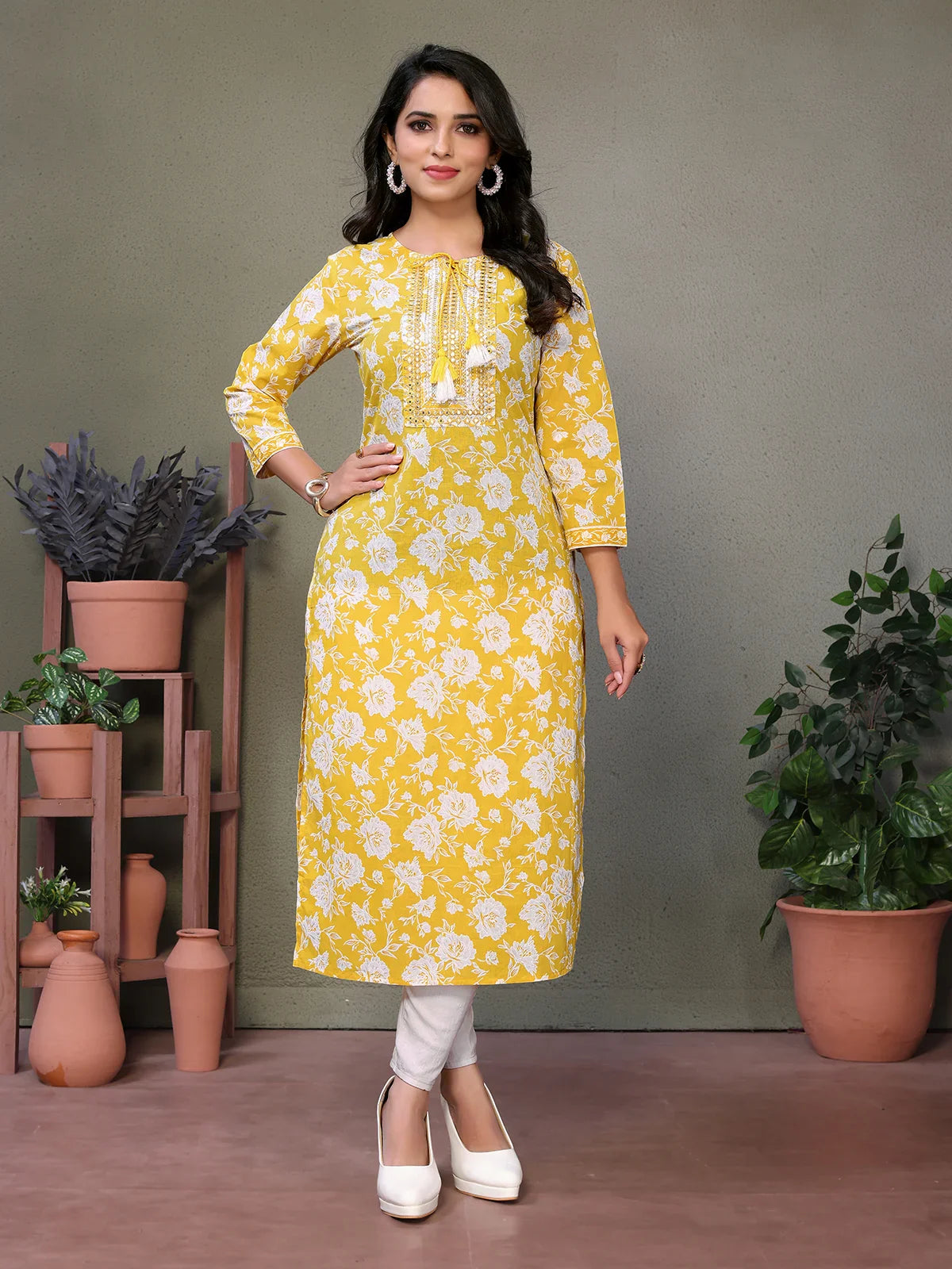 Buy Cotton Embroidered Calf Length Straight Kurta-Yellow