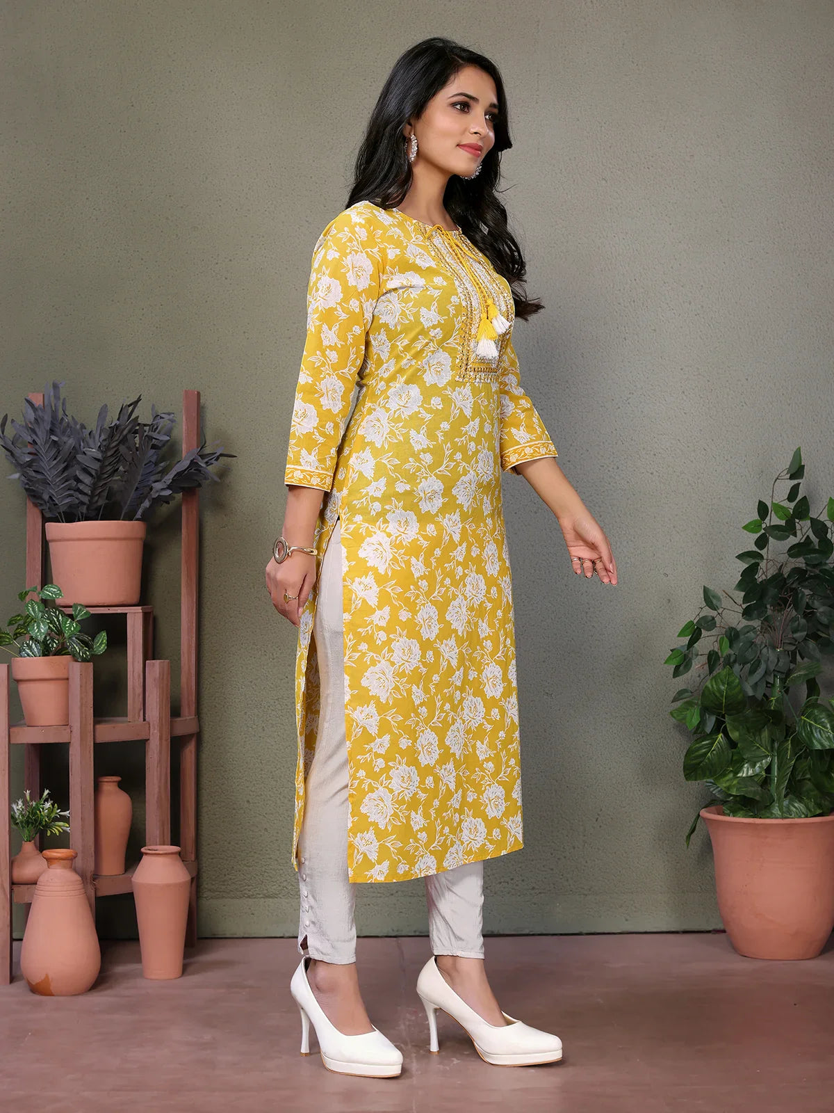 Buy Cotton Embroidered Calf Length Straight Kurta-Yellow