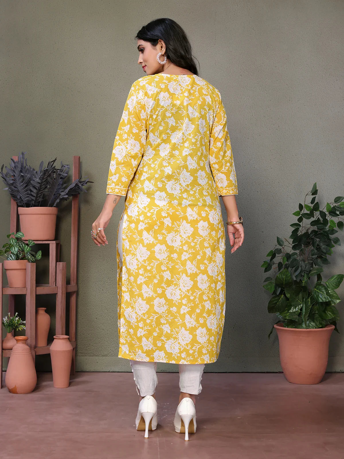 Buy Cotton Embroidered Calf Length Straight Kurta-Yellow