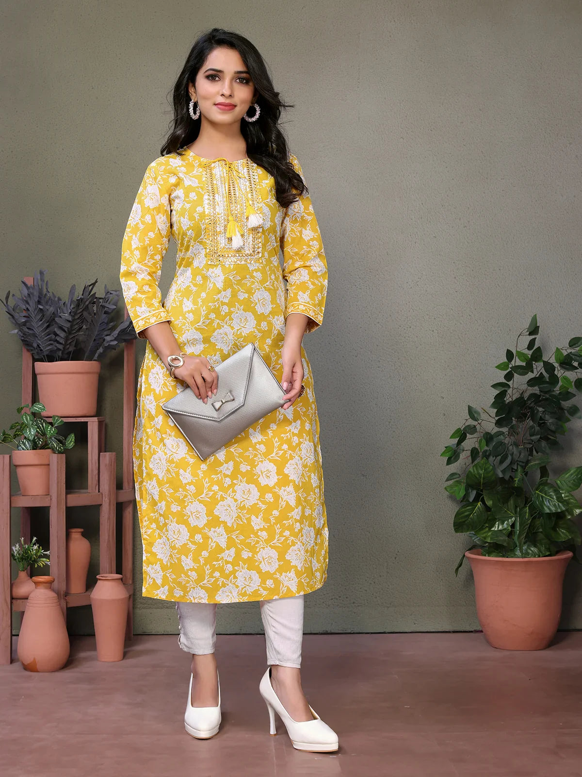 Buy Cotton Embroidered Calf Length Straight Kurta-Yellow