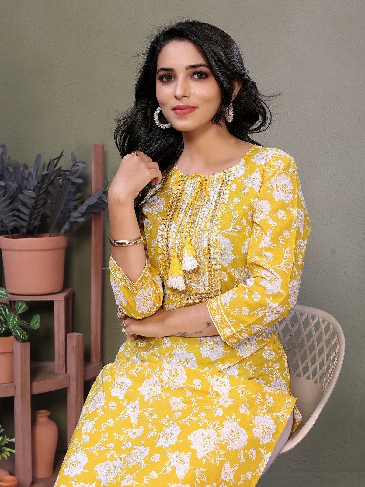 Buy Cotton Embroidered Calf Length Straight Kurta-Yellow