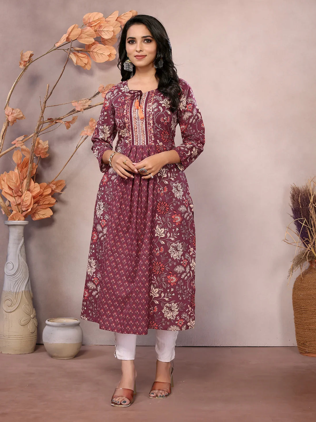 Buy Cotton Embroidered Calf Length A-Line Kurta-Maroon