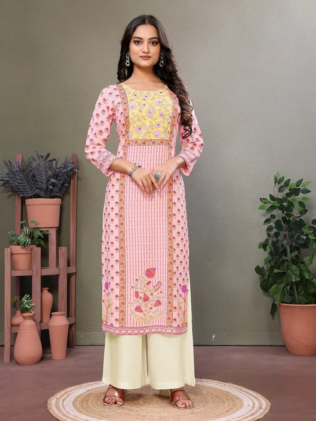 Buy Rayon Embroidered Calf Length Straight Kurta-Pink