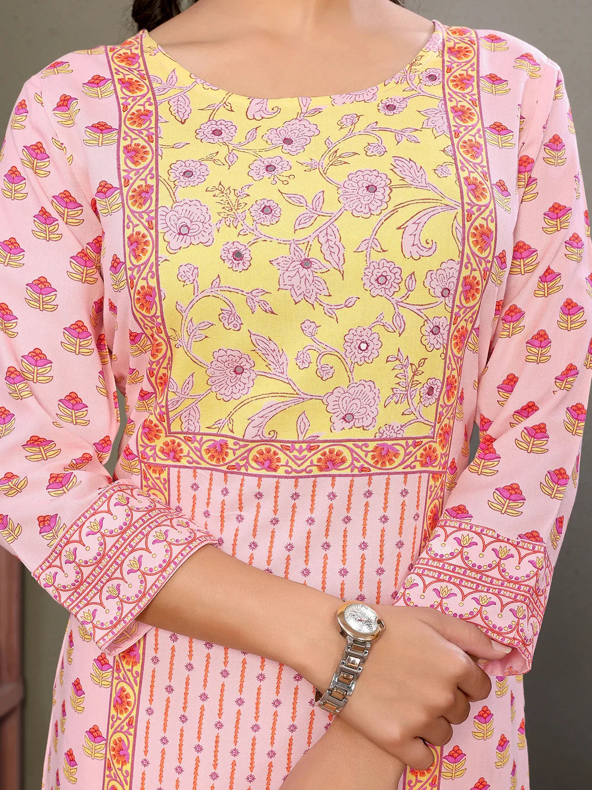 Buy Rayon Embroidered Calf Length Straight Kurta-Pink