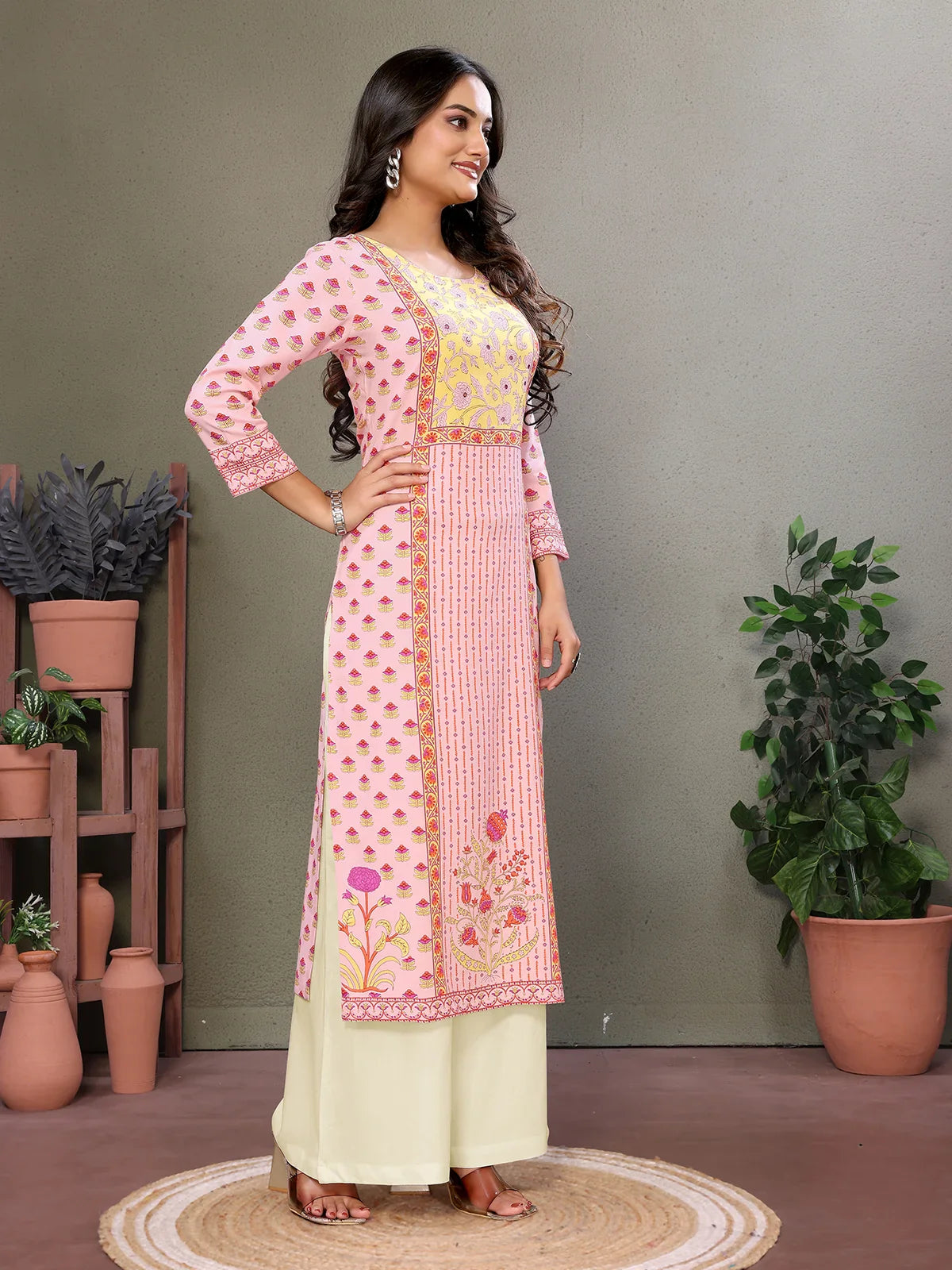 Buy Rayon Embroidered Calf Length Straight Kurta-Pink