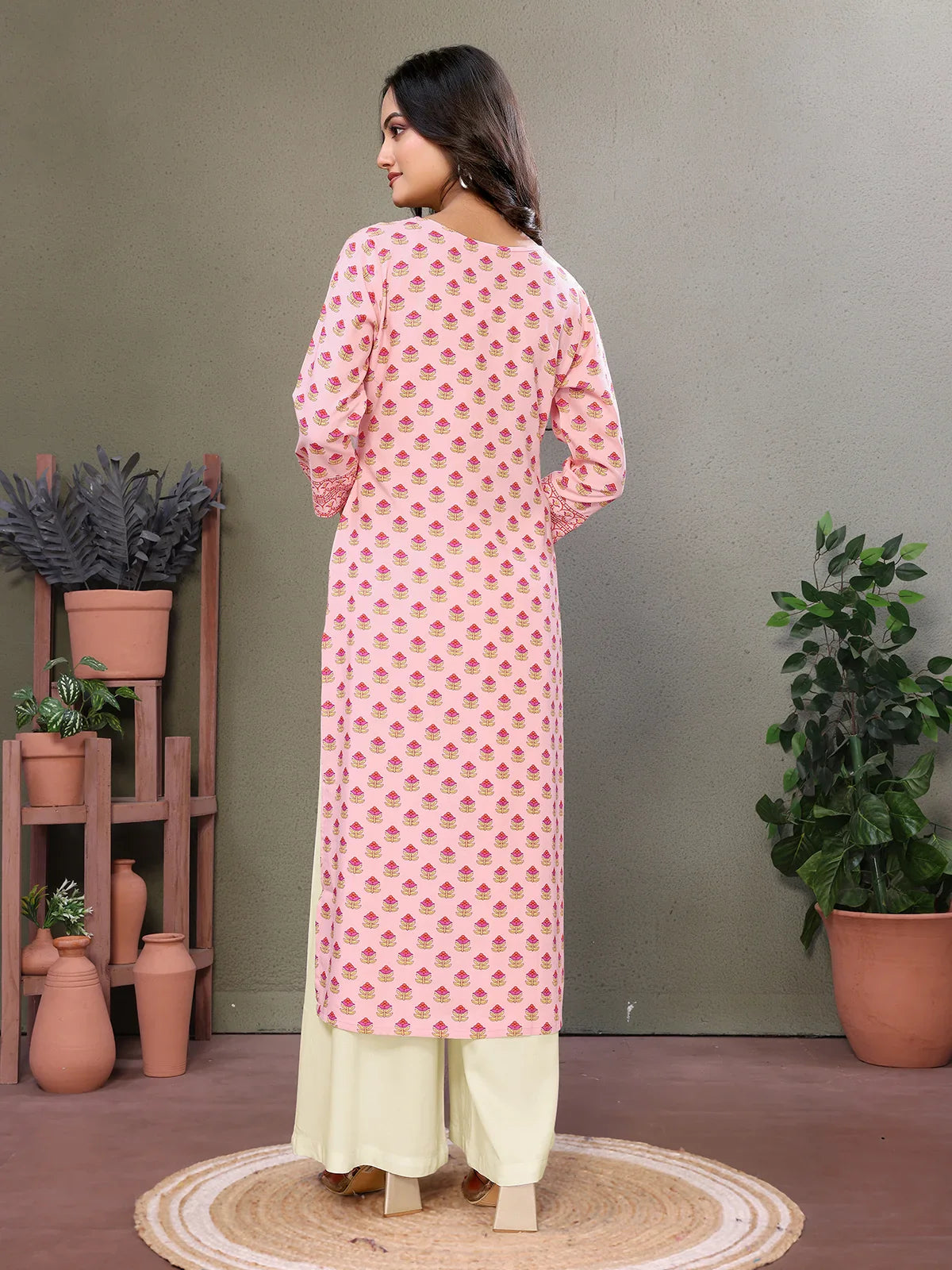 Buy Rayon Embroidered Calf Length Straight Kurta-Pink