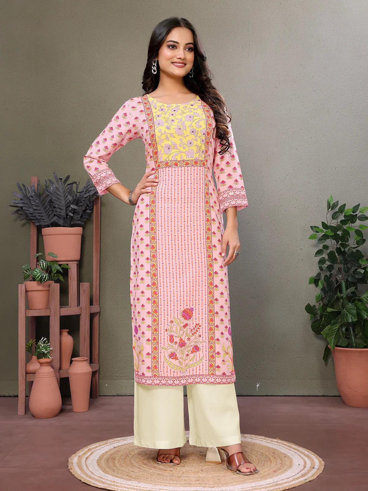 Buy Rayon Embroidered Calf Length Straight Kurta-Pink