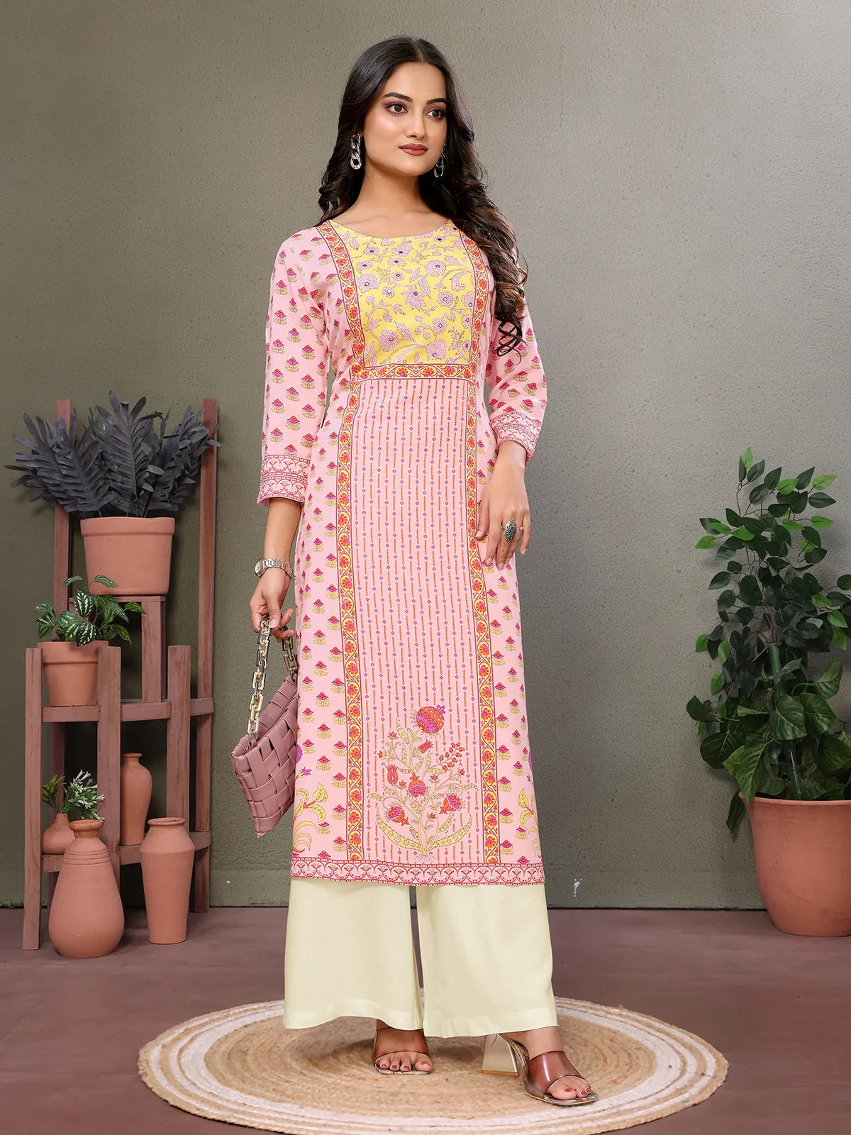 Buy Rayon Embroidered Calf Length Straight Kurta-Pink