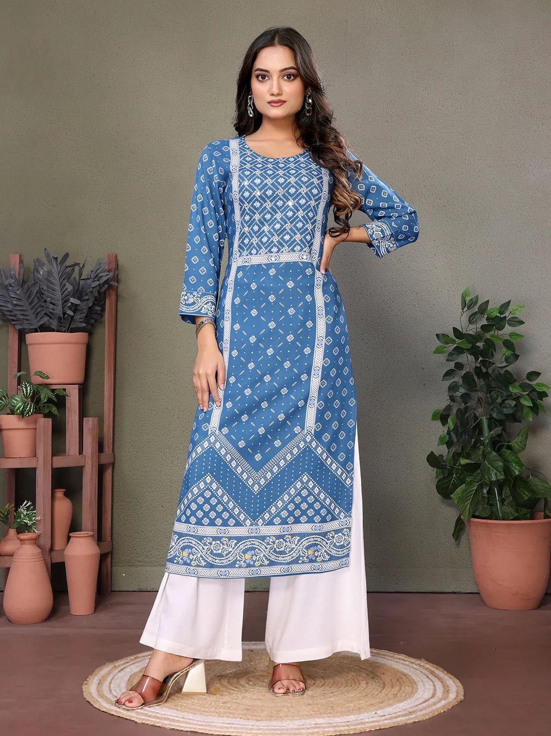 Buy Rayon Embroidered Calf Length Straight Kurta-Blue