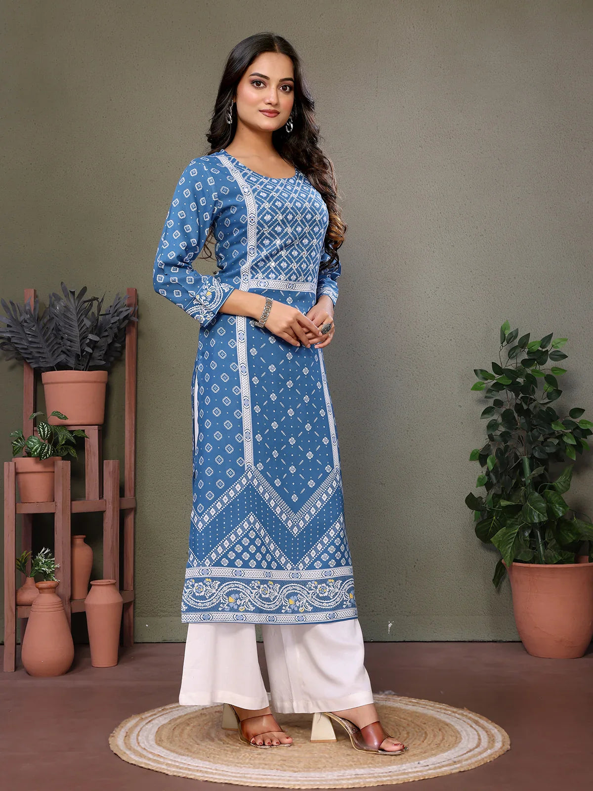 Buy Rayon Embroidered Calf Length Straight Kurta-Blue