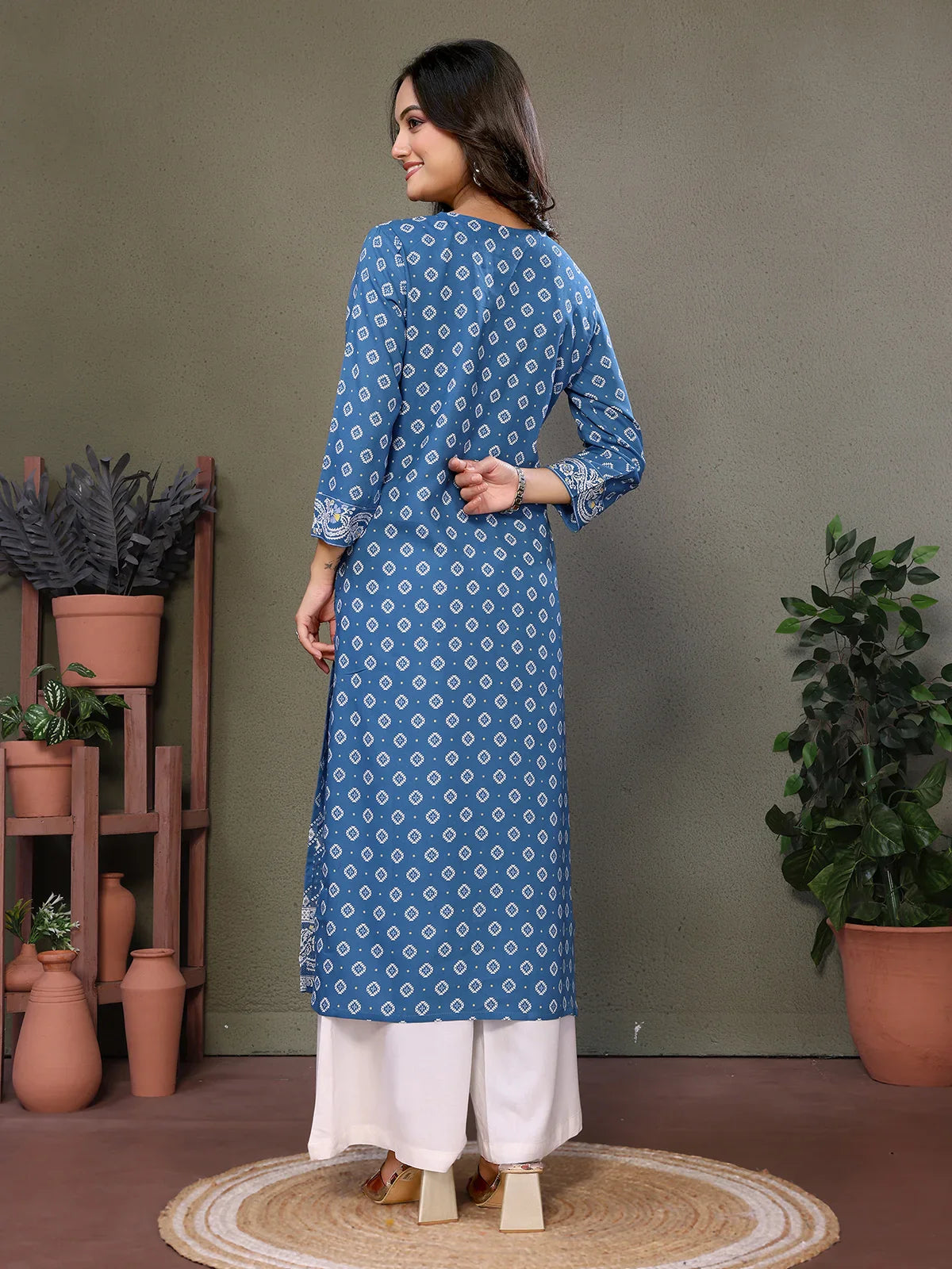 Buy Rayon Embroidered Calf Length Straight Kurta-Blue