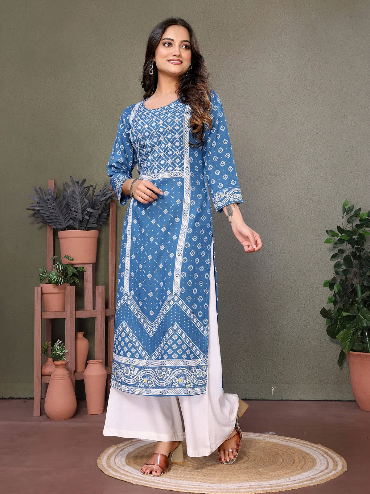 Buy Rayon Embroidered Calf Length Straight Kurta-Blue