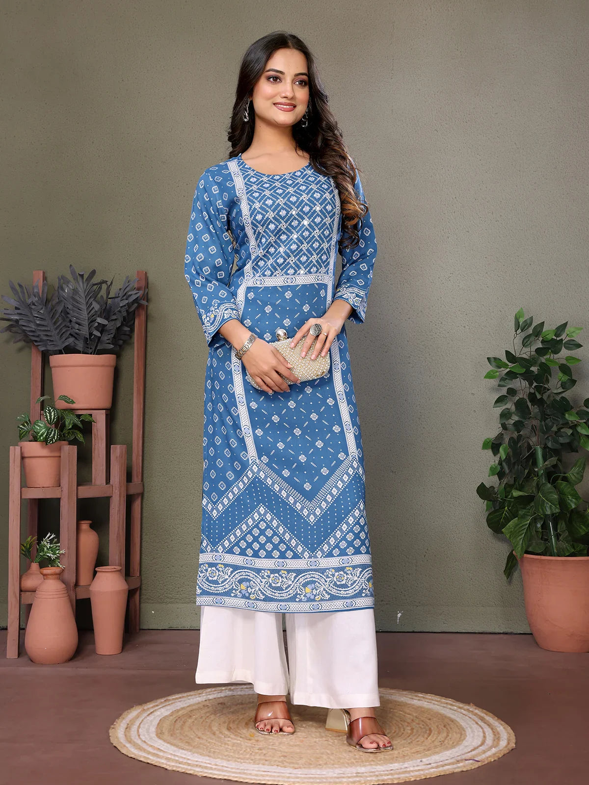 Buy Rayon Embroidered Calf Length Straight Kurta-Blue