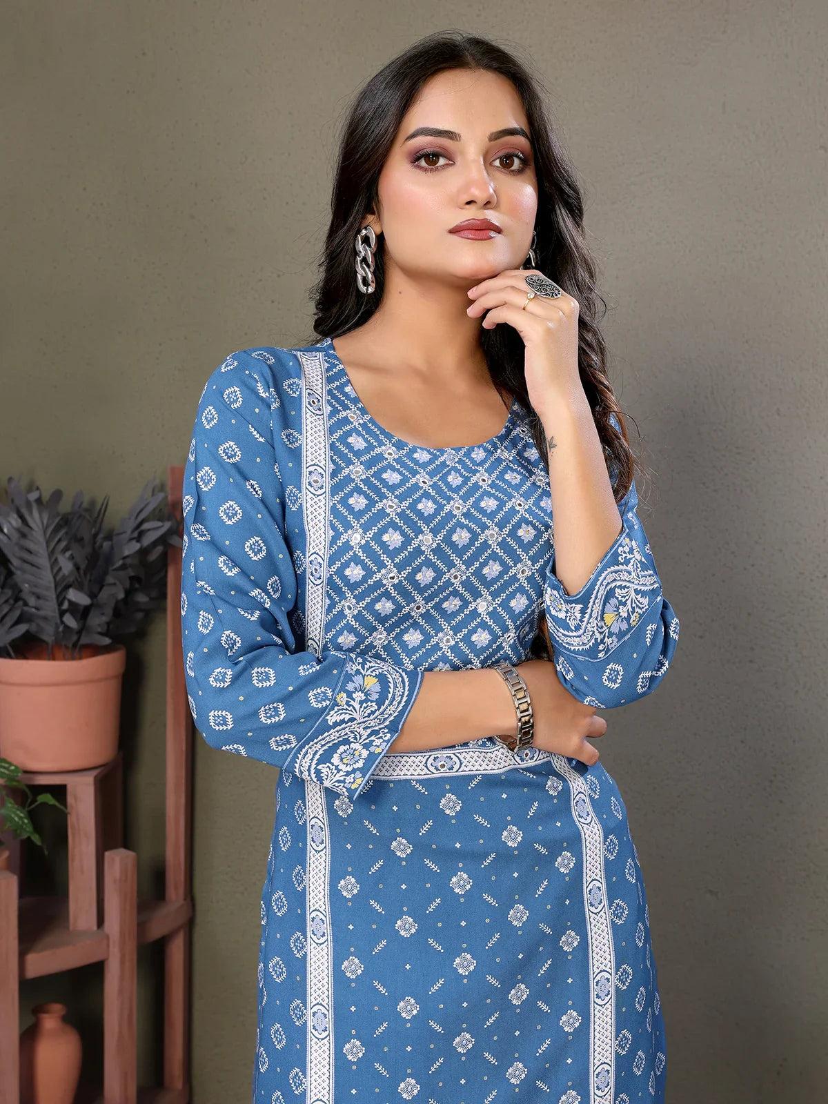 Buy Rayon Embroidered Calf Length Straight Kurta-Blue