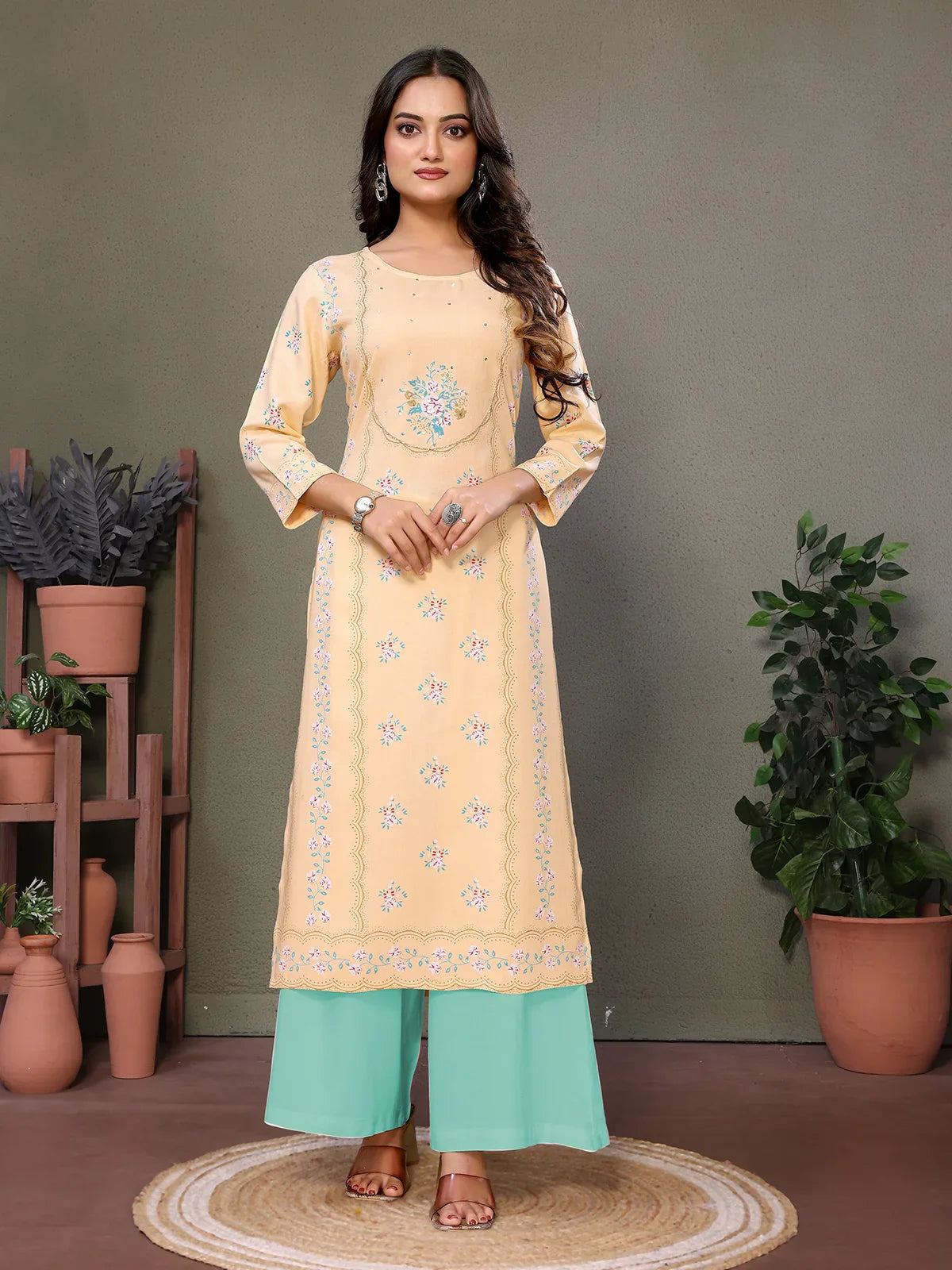 Buy Rayon Embroidered Calf Length Straight Kurta-Yellow