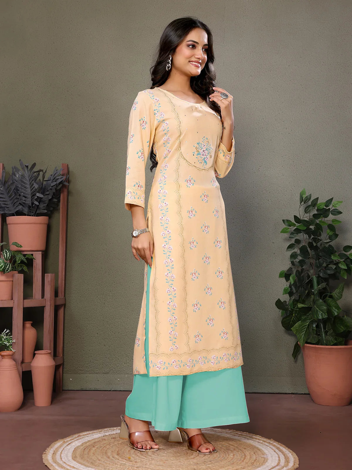 Buy Rayon Embroidered Calf Length Straight Kurta-Yellow