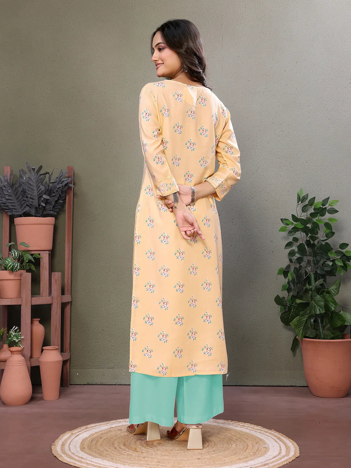 Buy Rayon Embroidered Calf Length Straight Kurta-Yellow