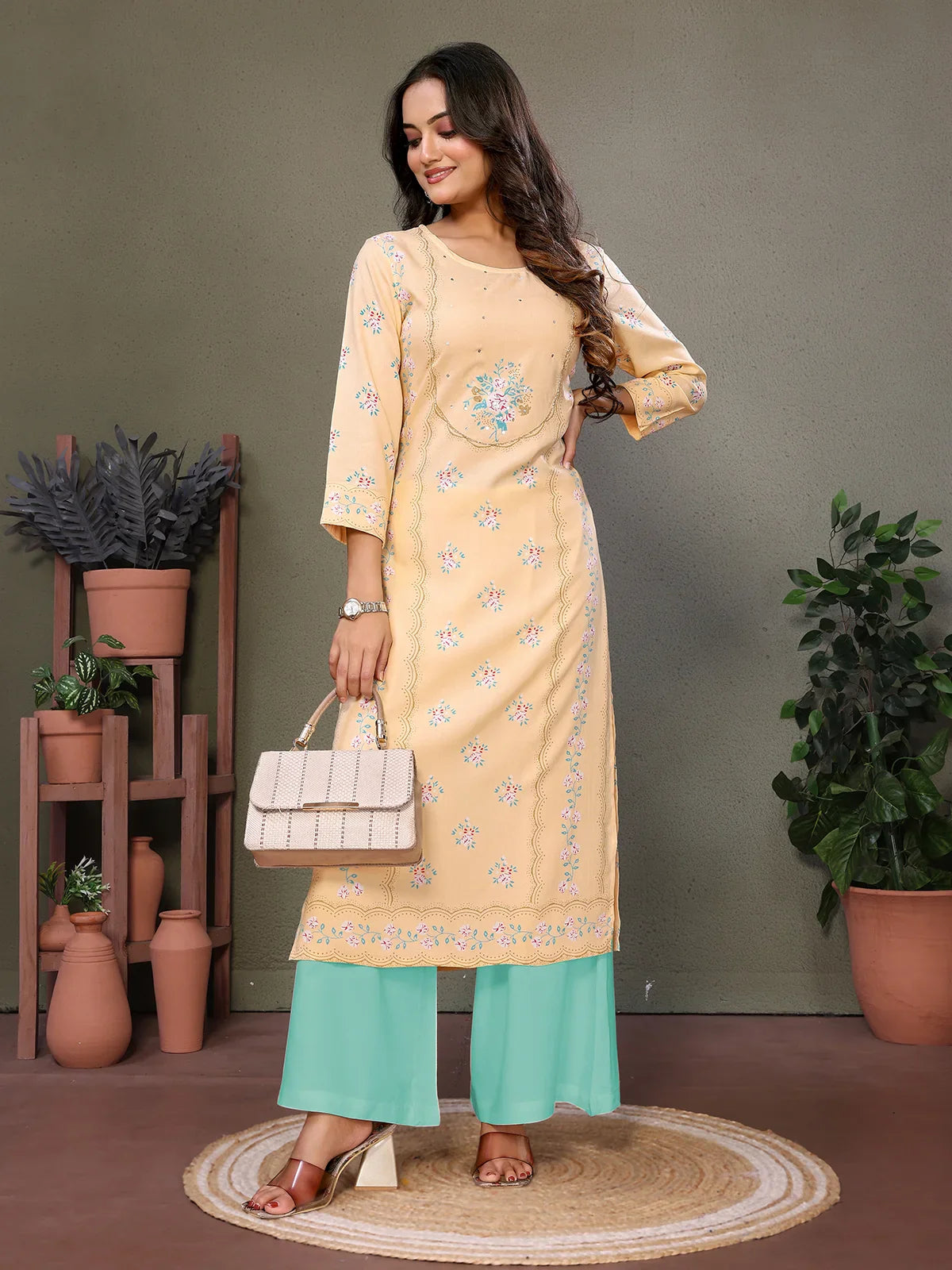 Buy Rayon Embroidered Calf Length Straight Kurta-Yellow