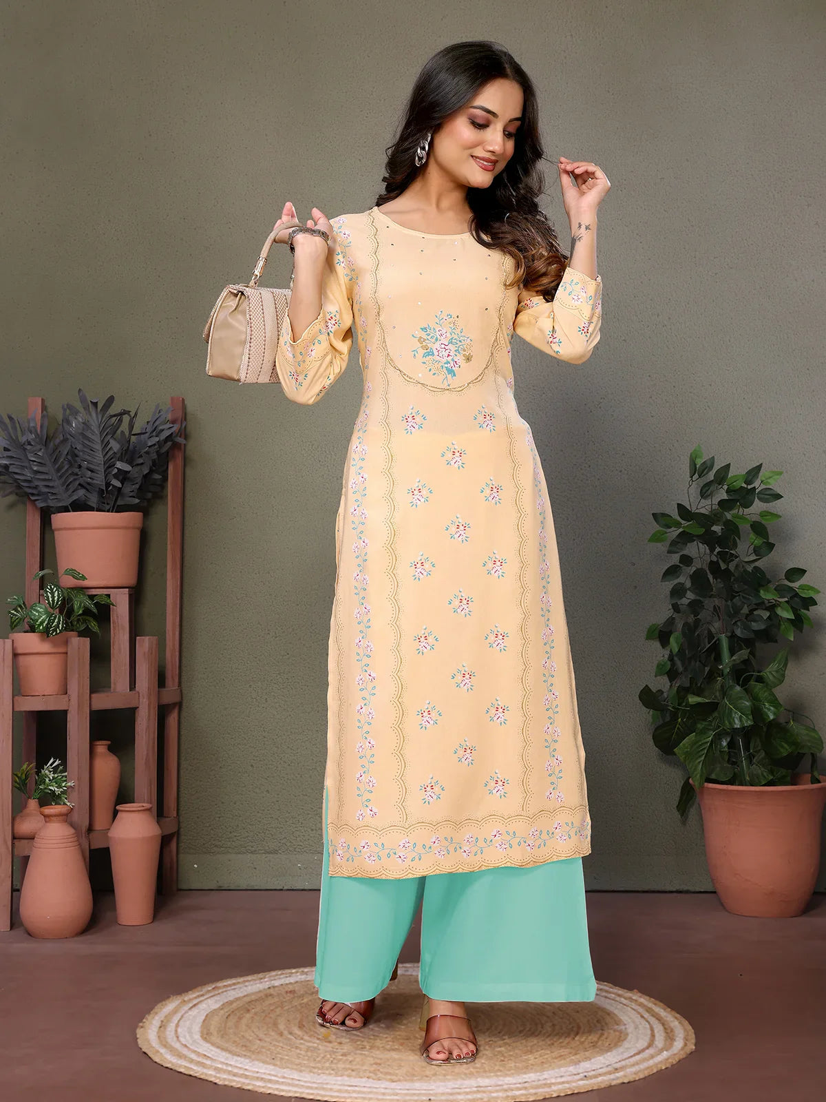 Buy Rayon Embroidered Calf Length Straight Kurta-Yellow